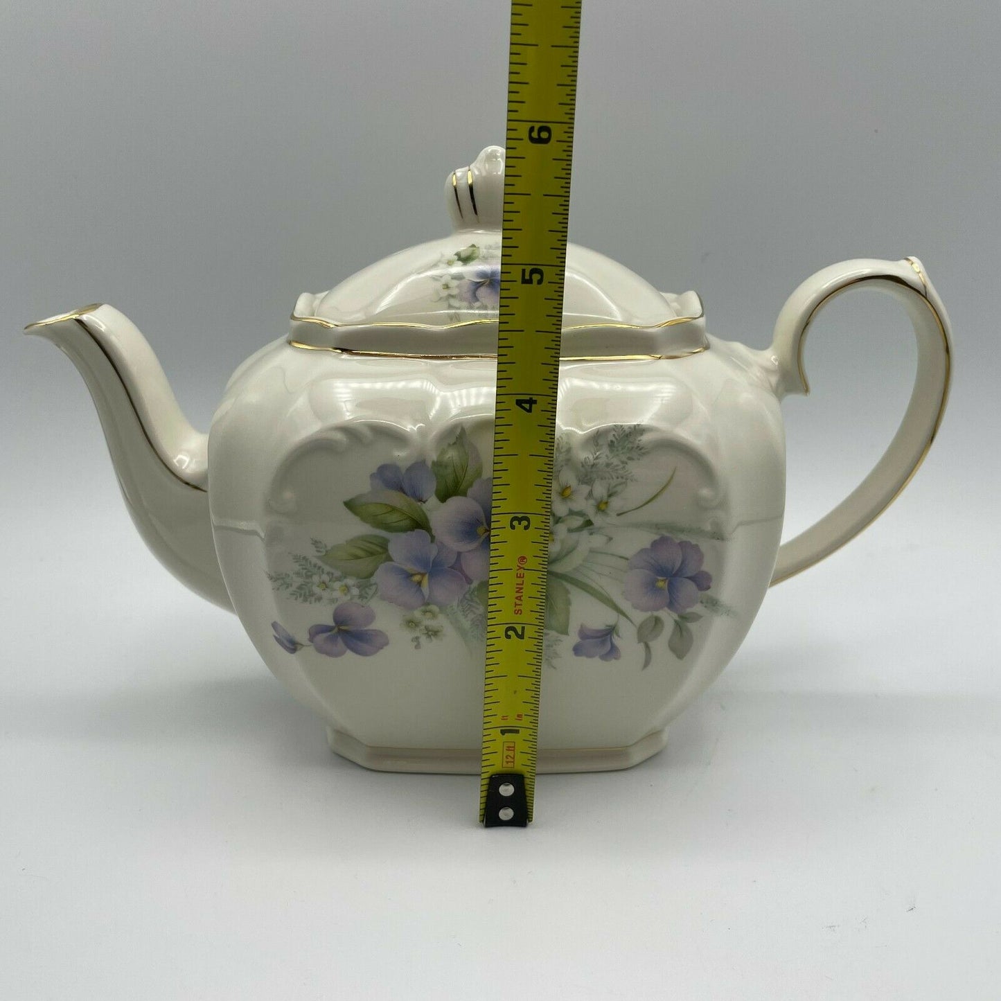 Vintage Windsor Sadler Cube Teapot Purple Pansies With Gold Trim- England - Nostalgia 2 Now