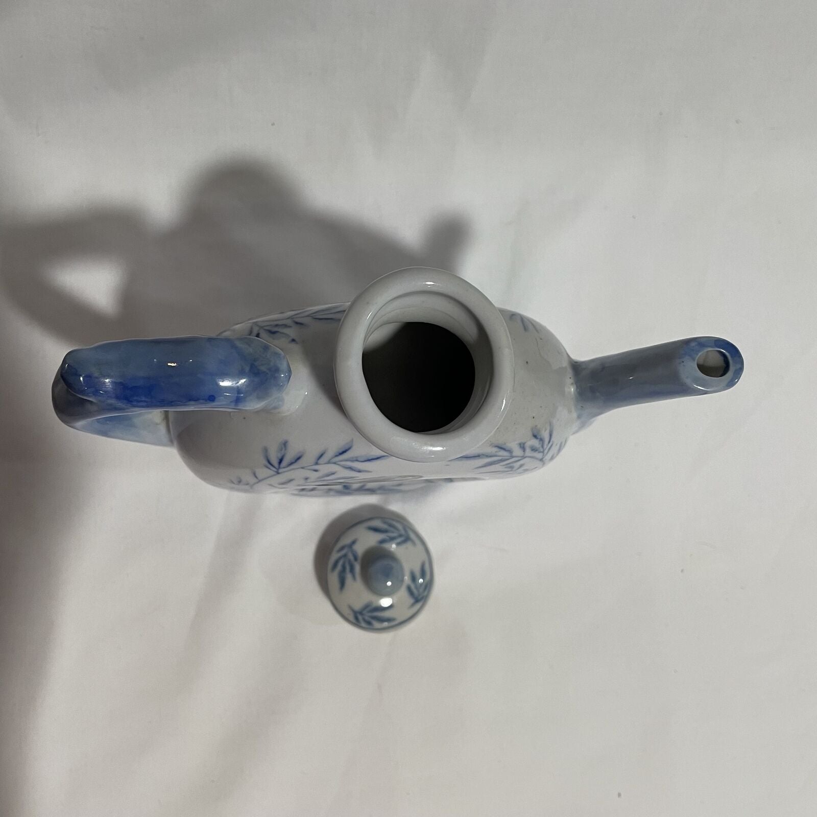 Vintage Blue & White Asian Donut Shaped Teapot Dragon Handle Floral Design - Nostalgia 2 Now
