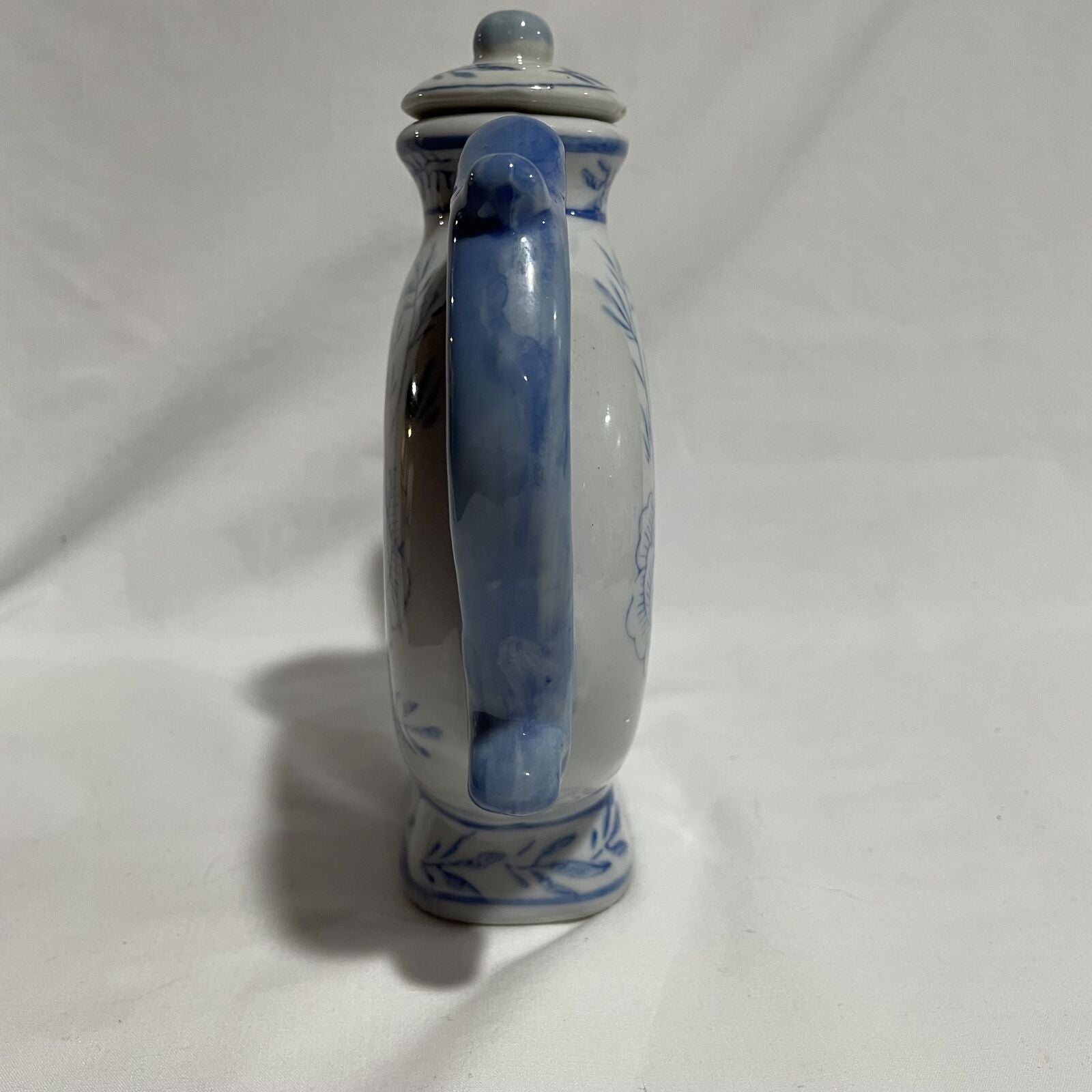 Vintage Blue & White Asian Donut Shaped Teapot Dragon Handle Floral Design - Nostalgia 2 Now