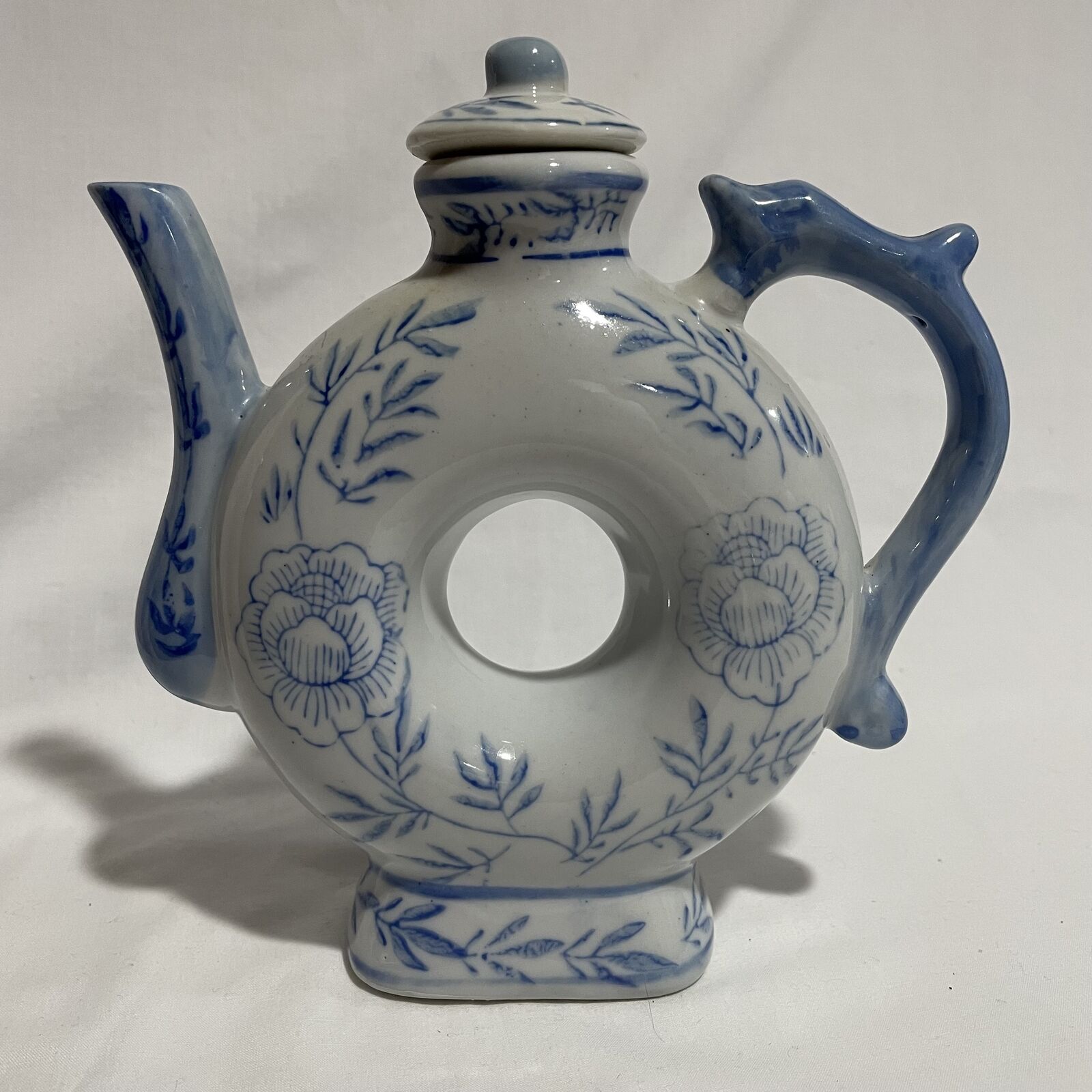 Vintage Blue & White Asian Donut Shaped Teapot Dragon Handle Floral Design - Nostalgia 2 Now