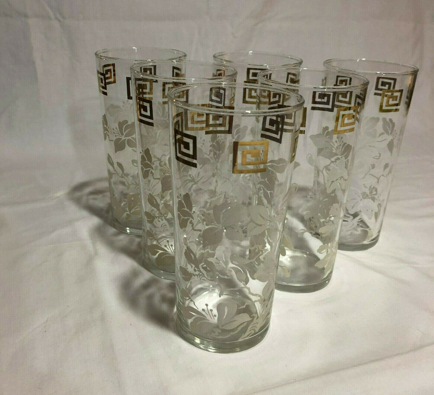 Anchor Hocking WHITE LEAVES & GOLD GRECIAN KEY Tumblers 6" Tall, set of 6 - Nostalgia 2 Now