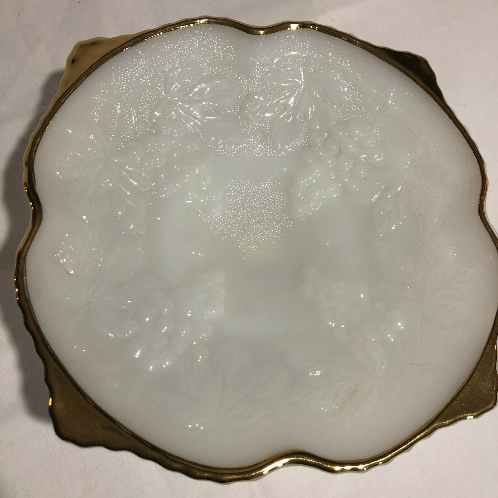 Anchor Hocking White Milk Glass Bowl Grape Design Gold Trim - Nostalgia 2 Now