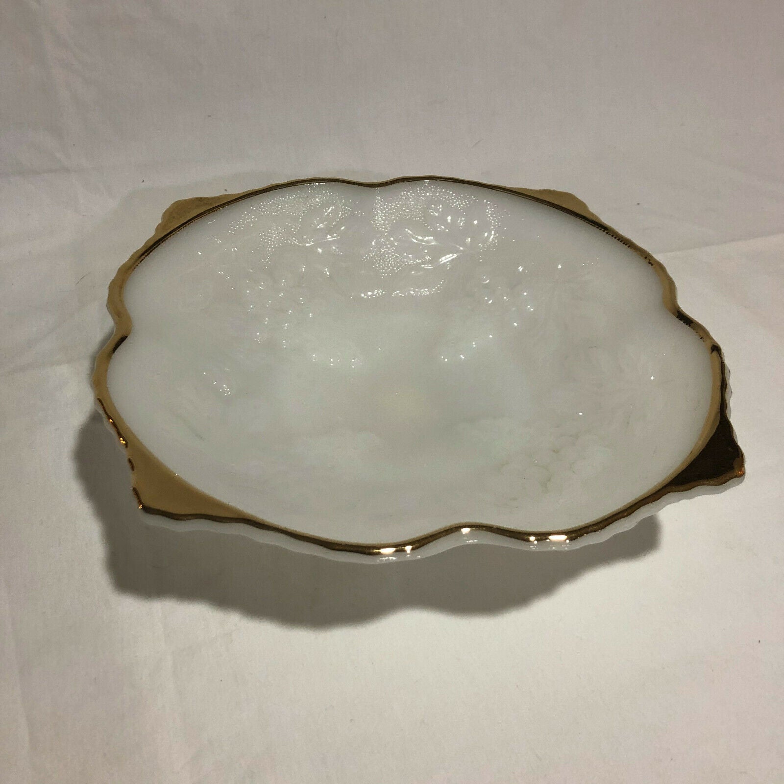 Anchor Hocking White Milk Glass Bowl Grape Design Gold Trim - Nostalgia 2 Now