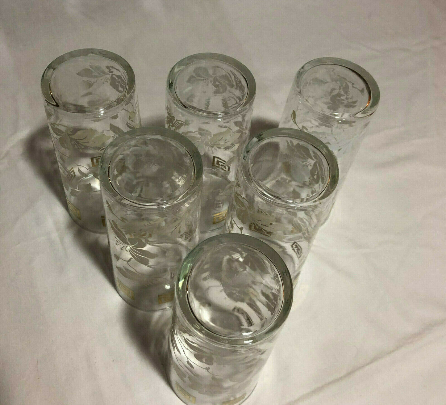 Anchor Hocking WHITE LEAVES & GOLD GRECIAN KEY Tumblers 6" Tall, set of 6 - Nostalgia 2 Now