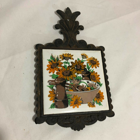 Vintage Cast Iron Yellow Daisy Trivet with Salad Bowl and Salt & Pepper Shakers - Nostalgia 2 Now