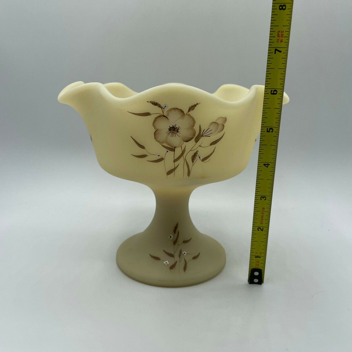 Vintage Fenton Satin Custard Signed Compote Wildflower Design - Nostalgia 2 Now
