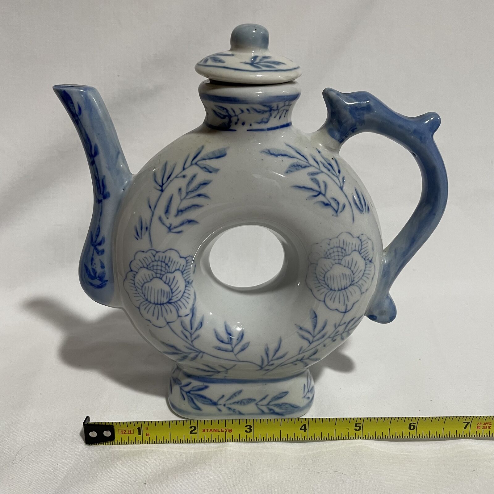 Vintage Blue & White Asian Donut Shaped Teapot Dragon Handle Floral Design - Nostalgia 2 Now