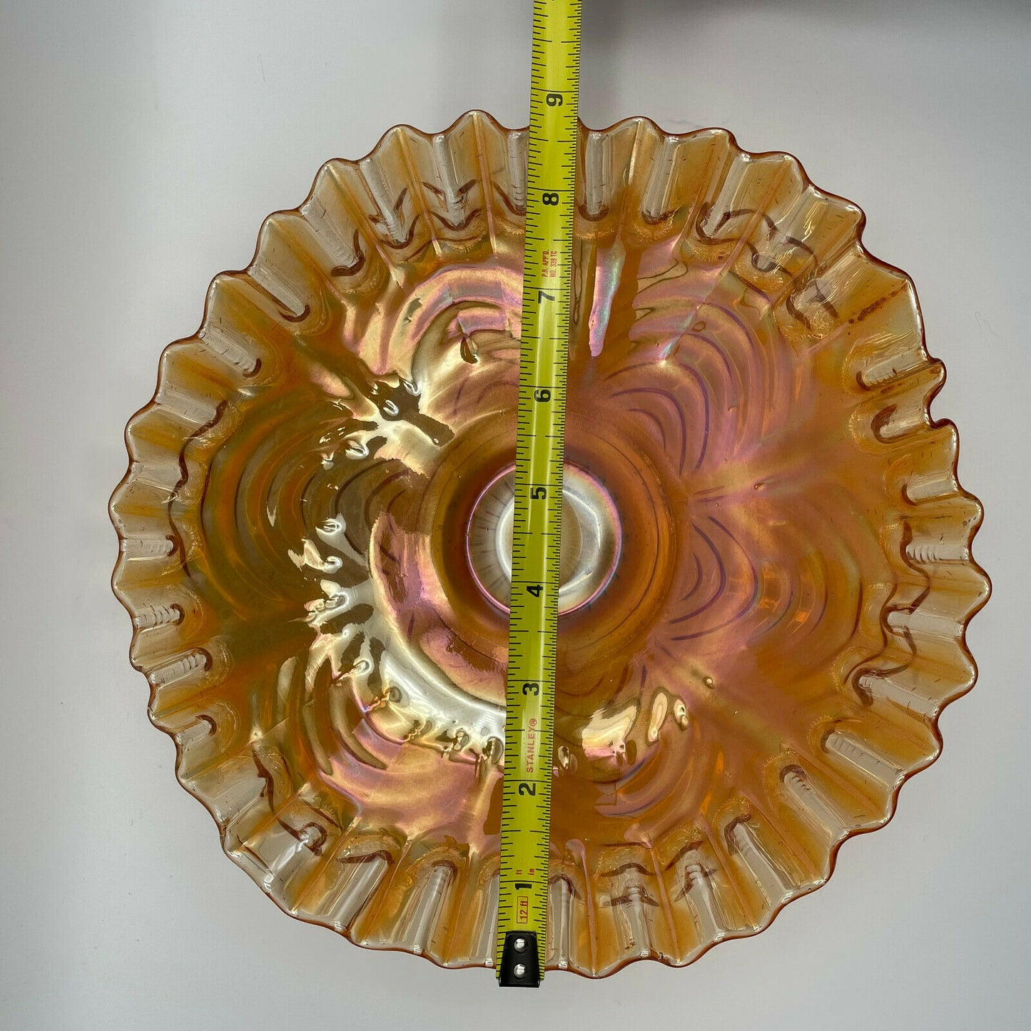 Vintage Peacock Tail Iridescent Marigold Carnival Glass Bowl Ruffled Edge Fenton - Nostalgia 2 Now