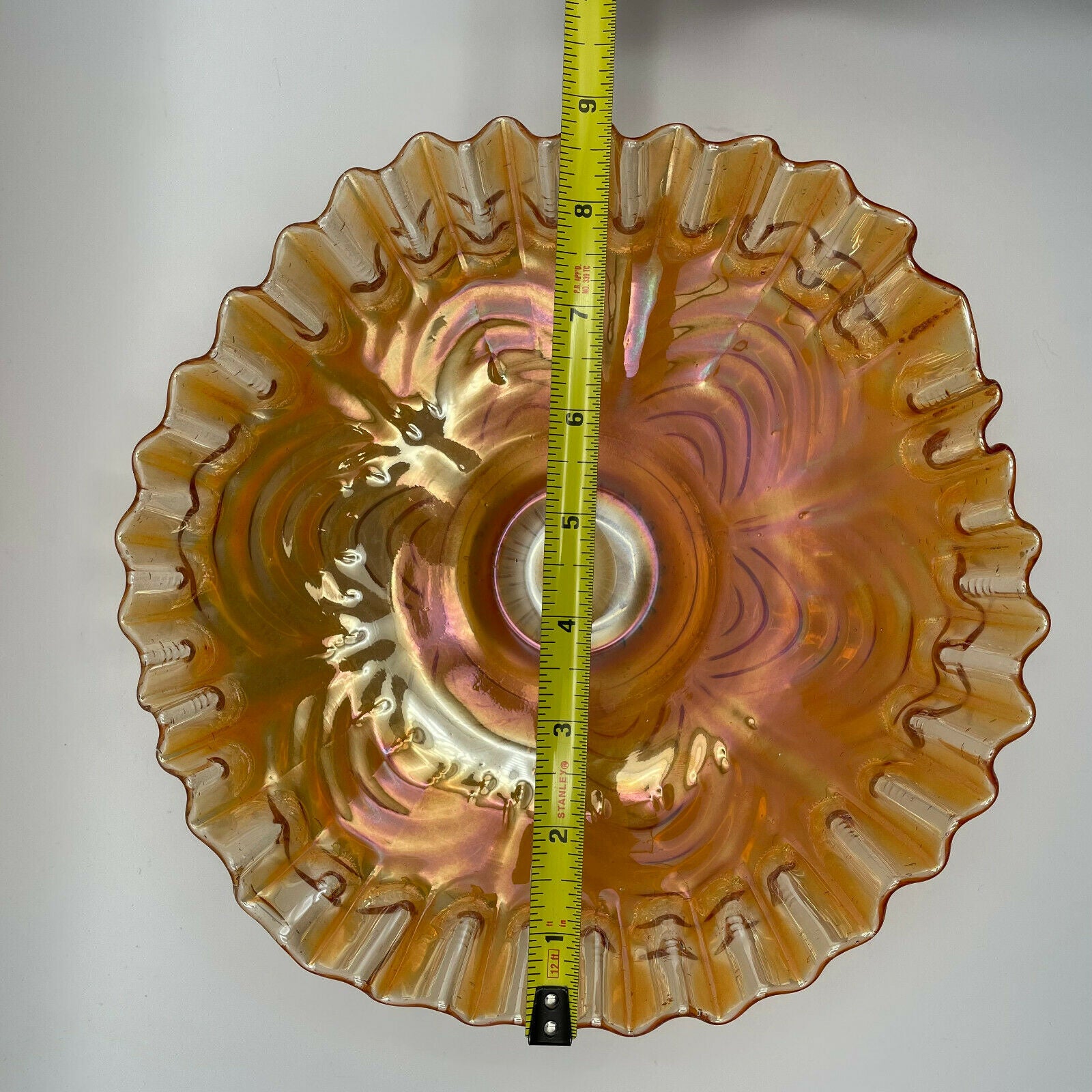 Vintage Peacock Tail Iridescent Marigold Carnival Glass Bowl Ruffled Edge Fenton - Nostalgia 2 Now