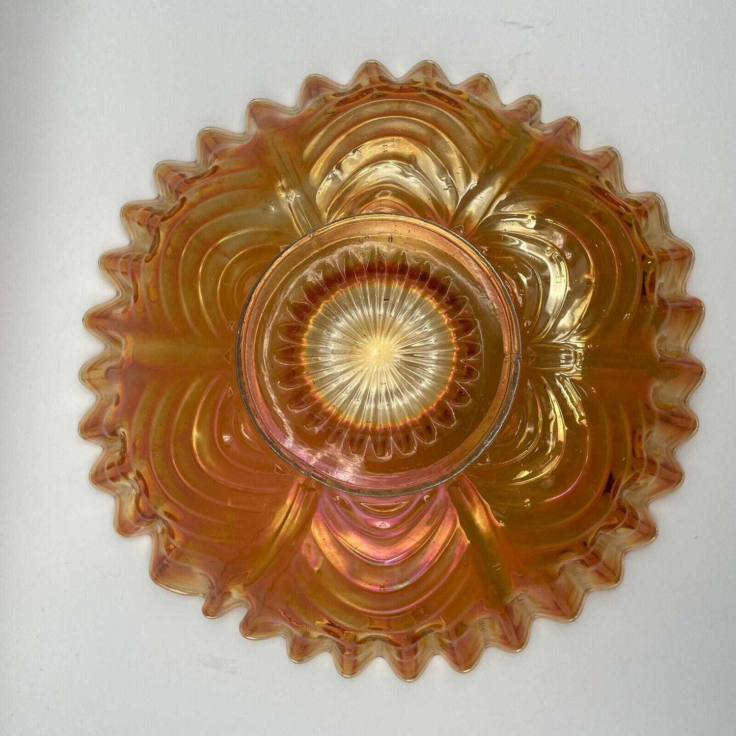 Vintage Peacock Tail Iridescent Marigold Carnival Glass Bowl Ruffled Edge Fenton - Nostalgia 2 Now