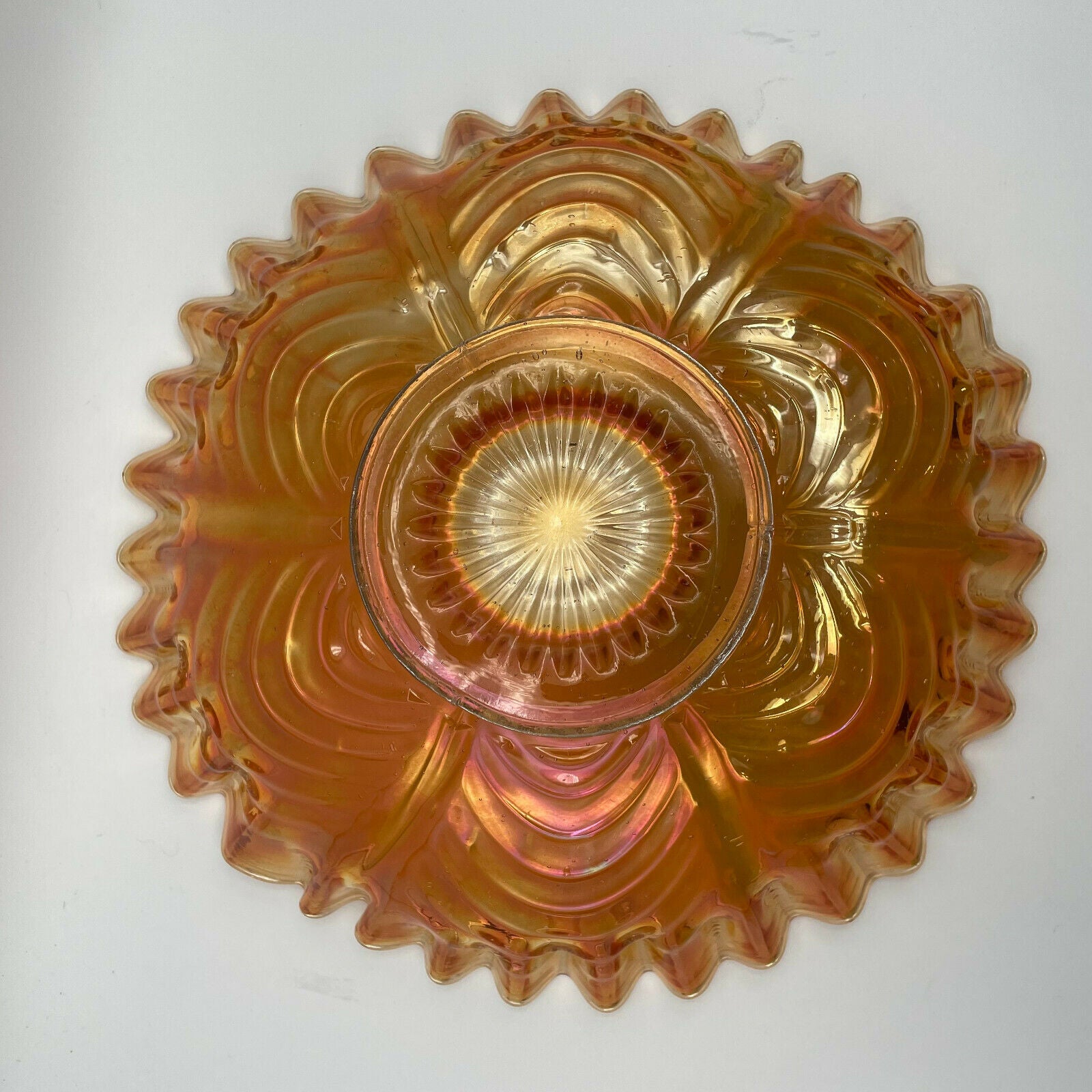 Vintage Peacock Tail Iridescent Marigold Carnival Glass Bowl Ruffled Edge Fenton - Nostalgia 2 Now