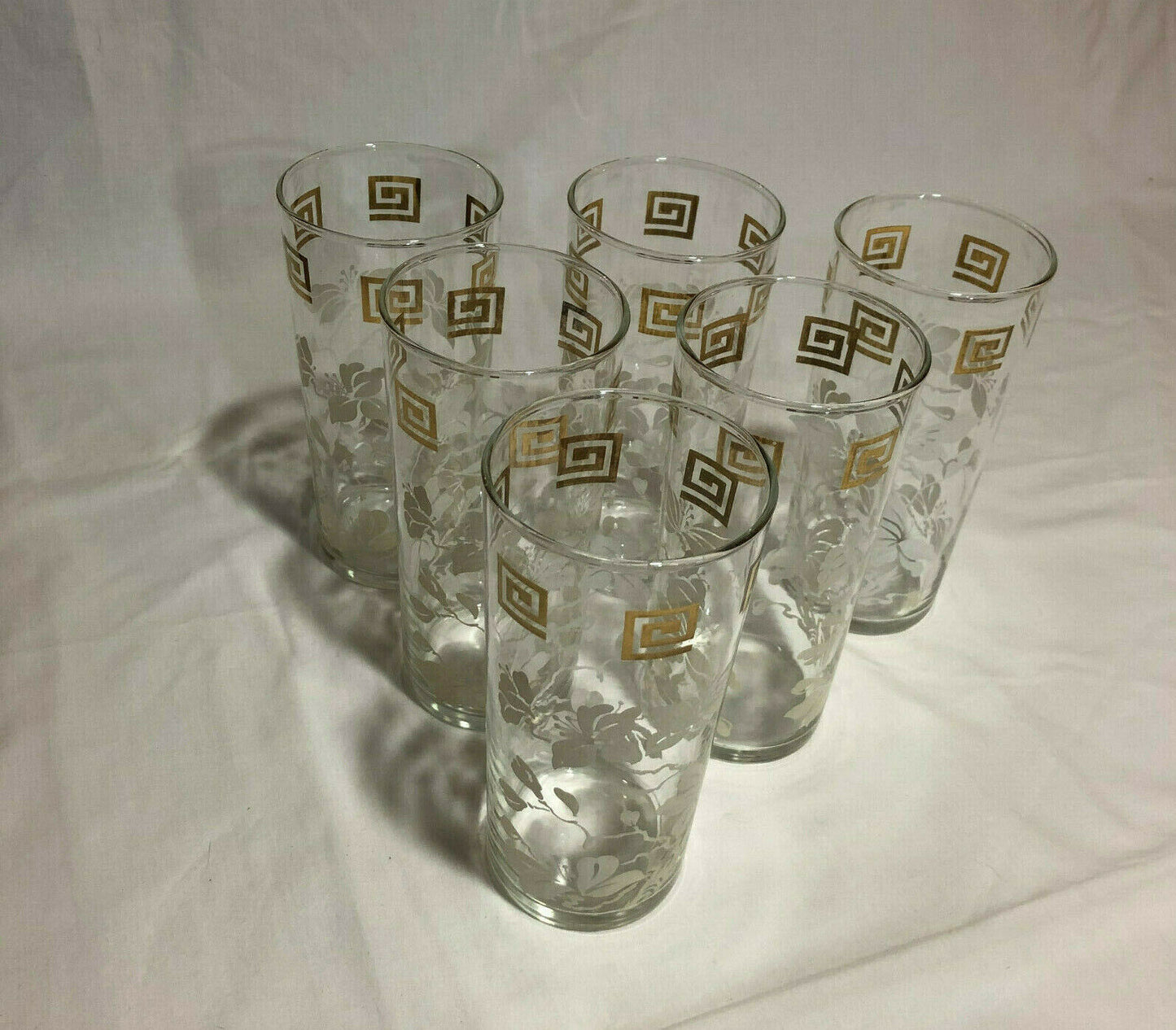 Anchor Hocking WHITE LEAVES & GOLD GRECIAN KEY Tumblers 6" Tall, set of 6 - Nostalgia 2 Now