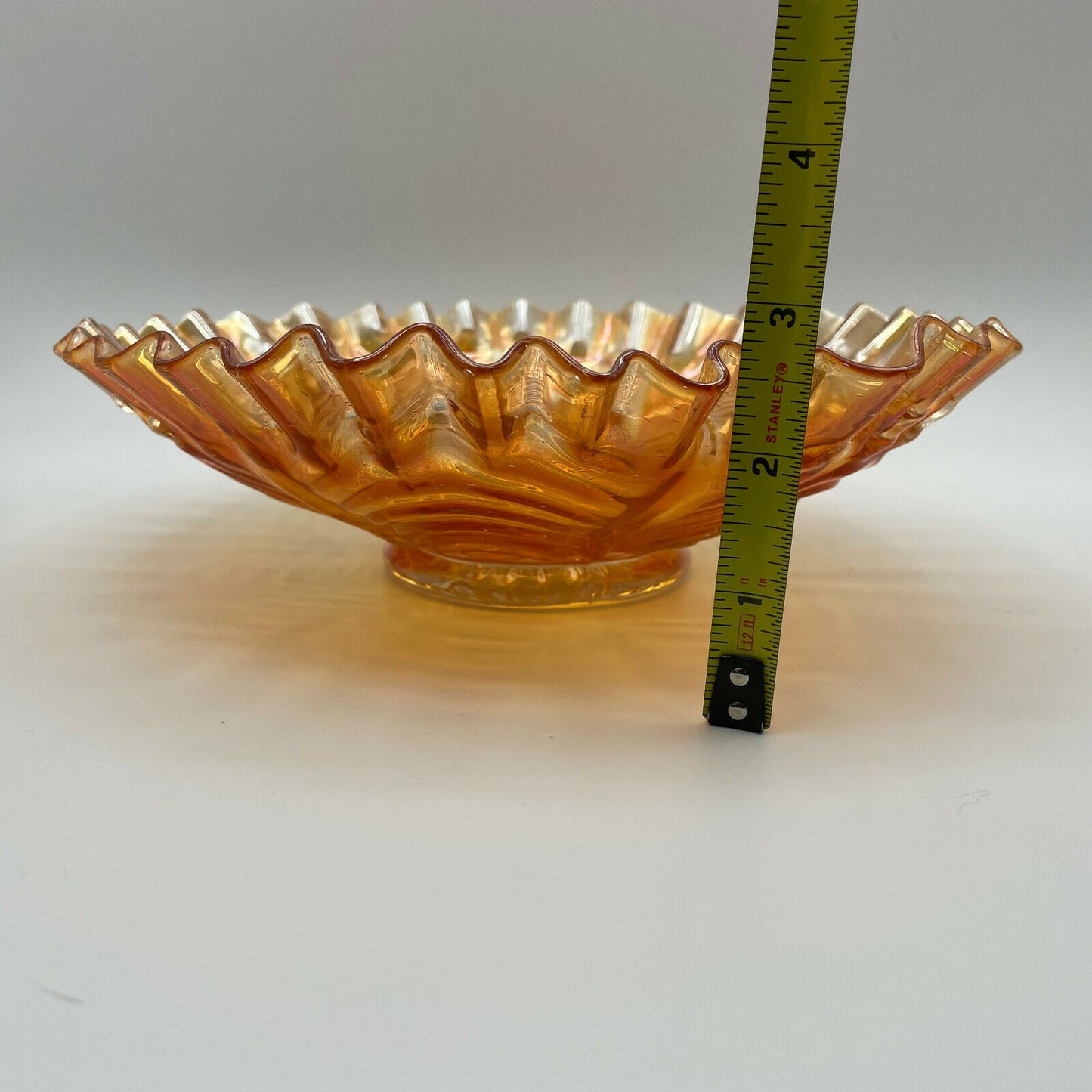 Vintage Peacock Tail Iridescent Marigold Carnival Glass Bowl Ruffled Edge Fenton - Nostalgia 2 Now