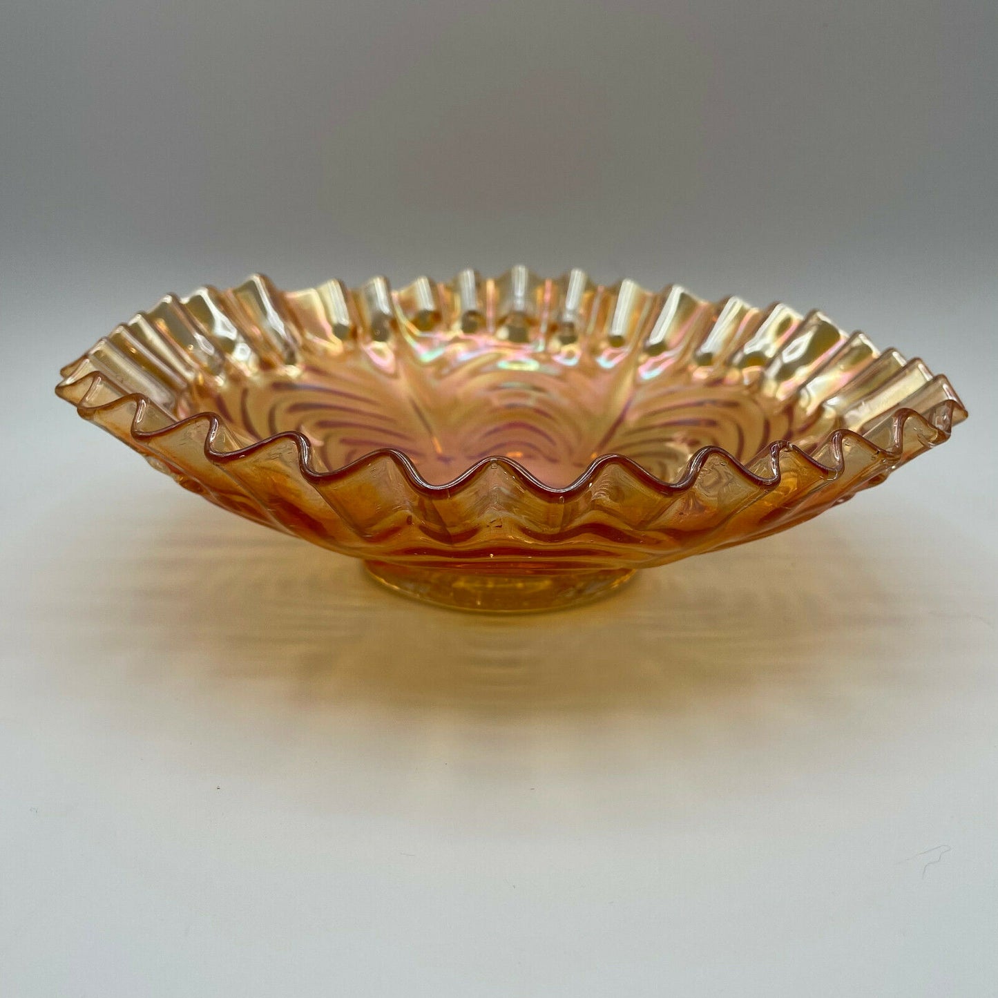 Vintage Peacock Tail Iridescent Marigold Carnival Glass Bowl Ruffled Edge Fenton - Nostalgia 2 Now