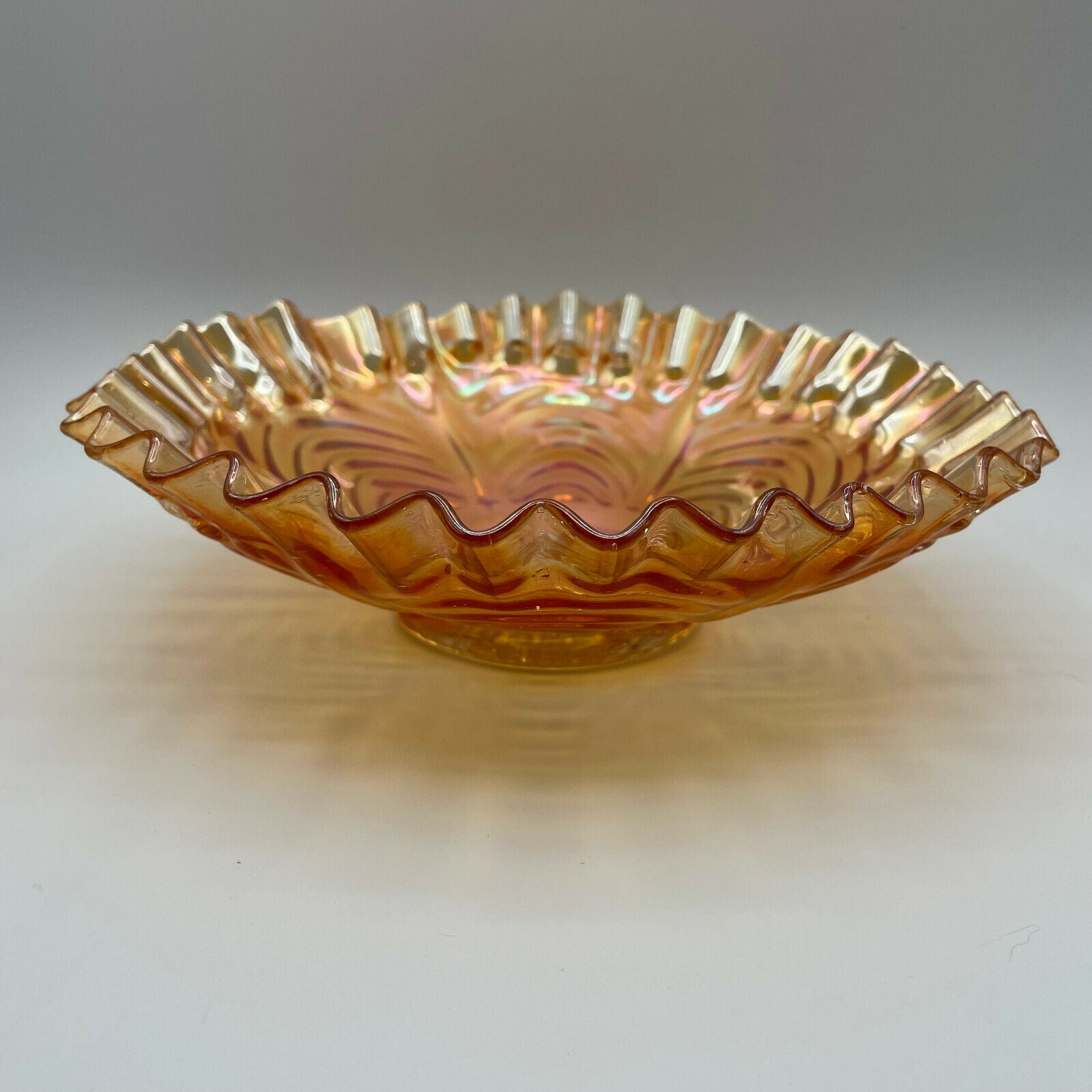Vintage Peacock Tail Iridescent Marigold Carnival Glass Bowl Ruffled Edge Fenton - Nostalgia 2 Now