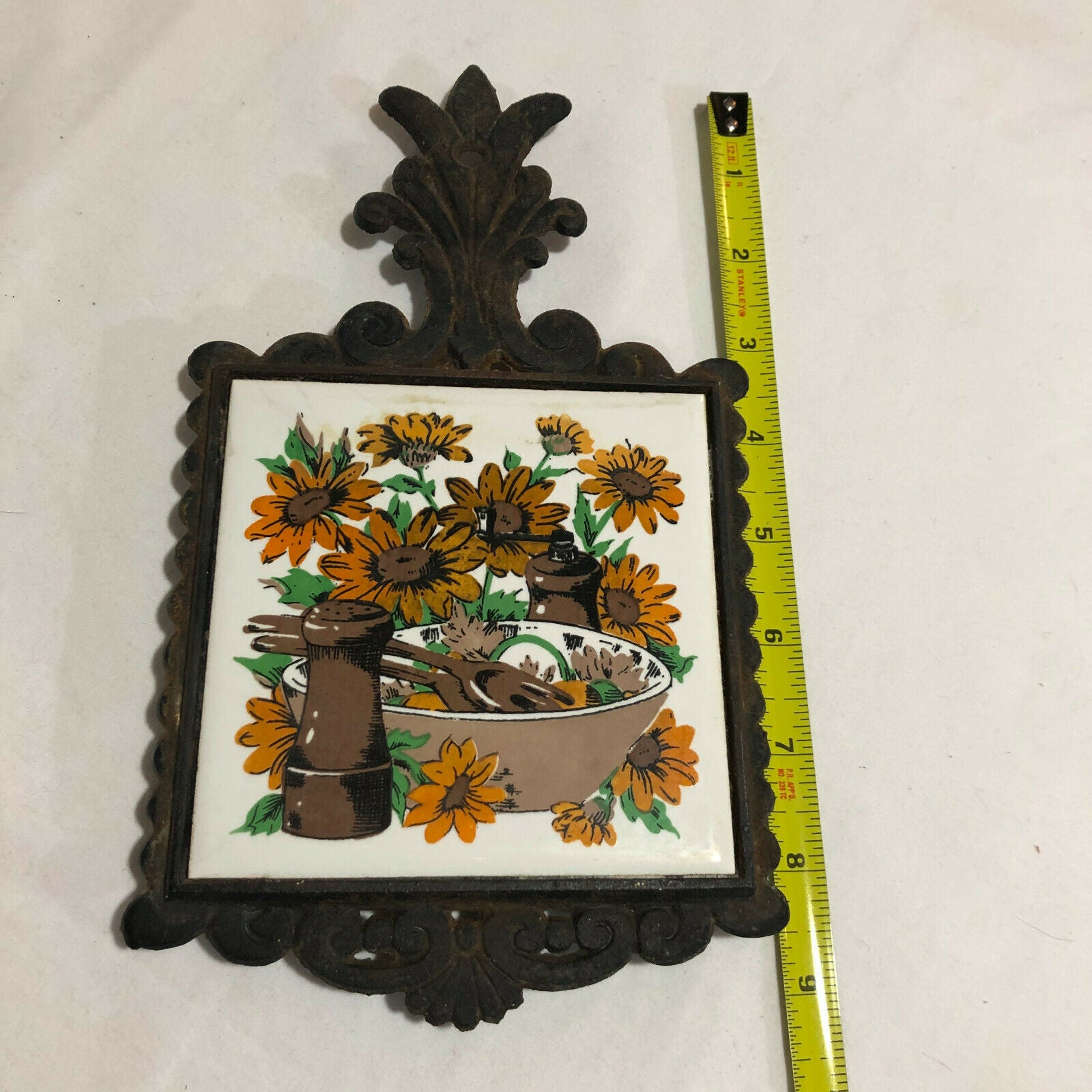 Vintage Cast Iron Yellow Daisy Trivet with Salad Bowl and Salt & Pepper Shakers - Nostalgia 2 Now
