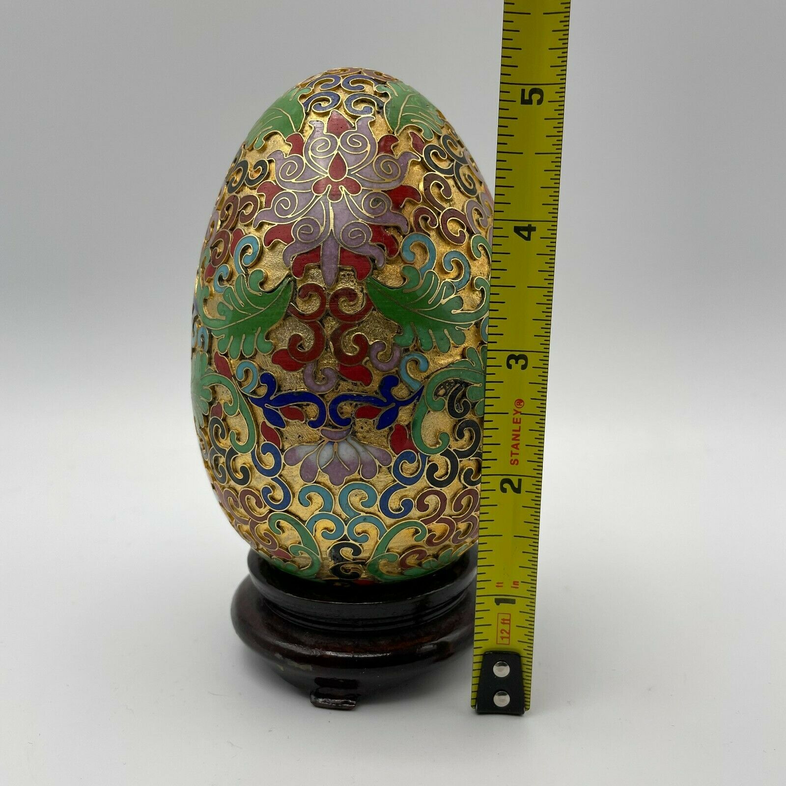 Vintage Chinese Cloisonne Egg With Wood Base - 5" - Nostalgia 2 Now