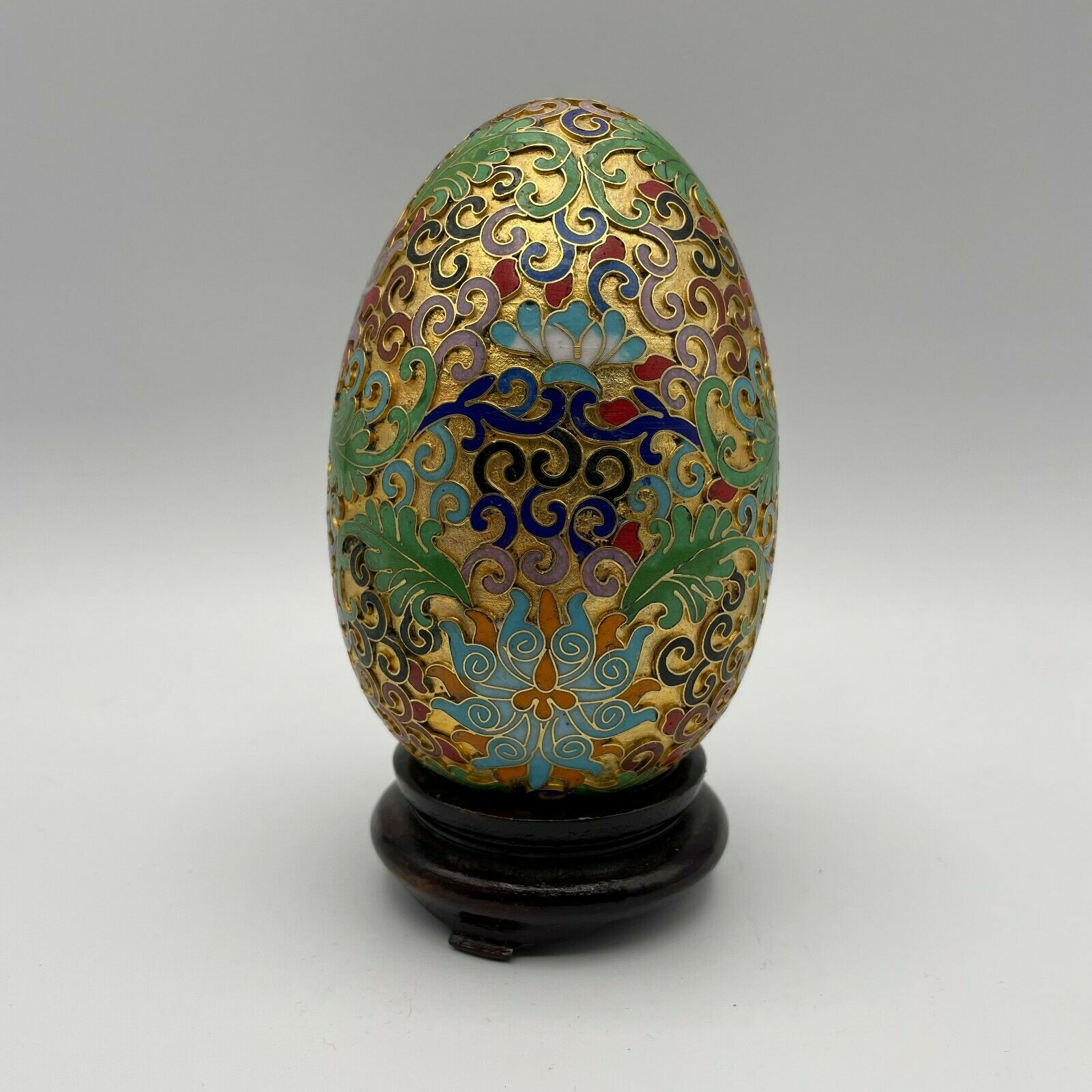 Vintage Chinese Cloisonne Egg With Wood Base - 5" - Nostalgia 2 Now