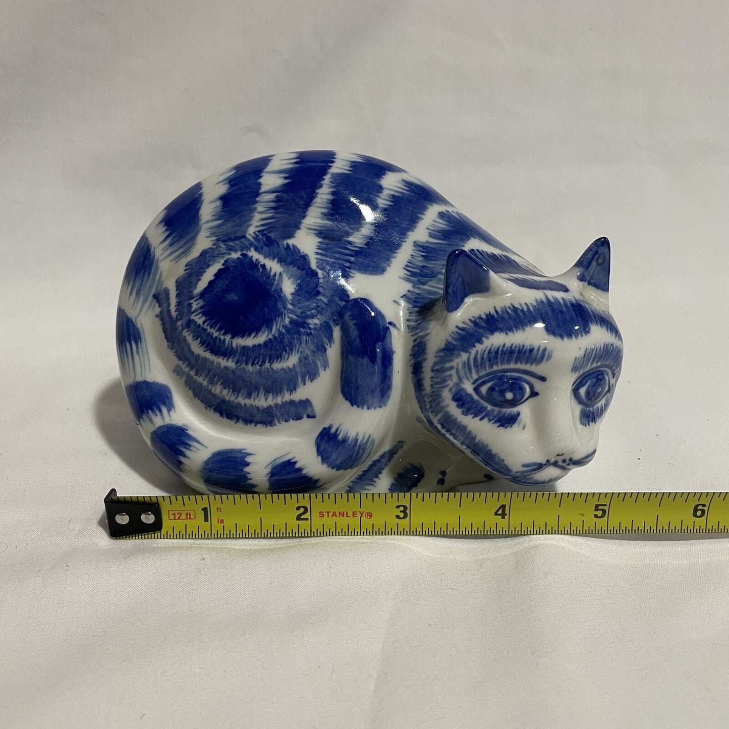 Blue And White Ceramic Striped Cat Figure Laying Down-So Cute! - Nostalgia 2 Now