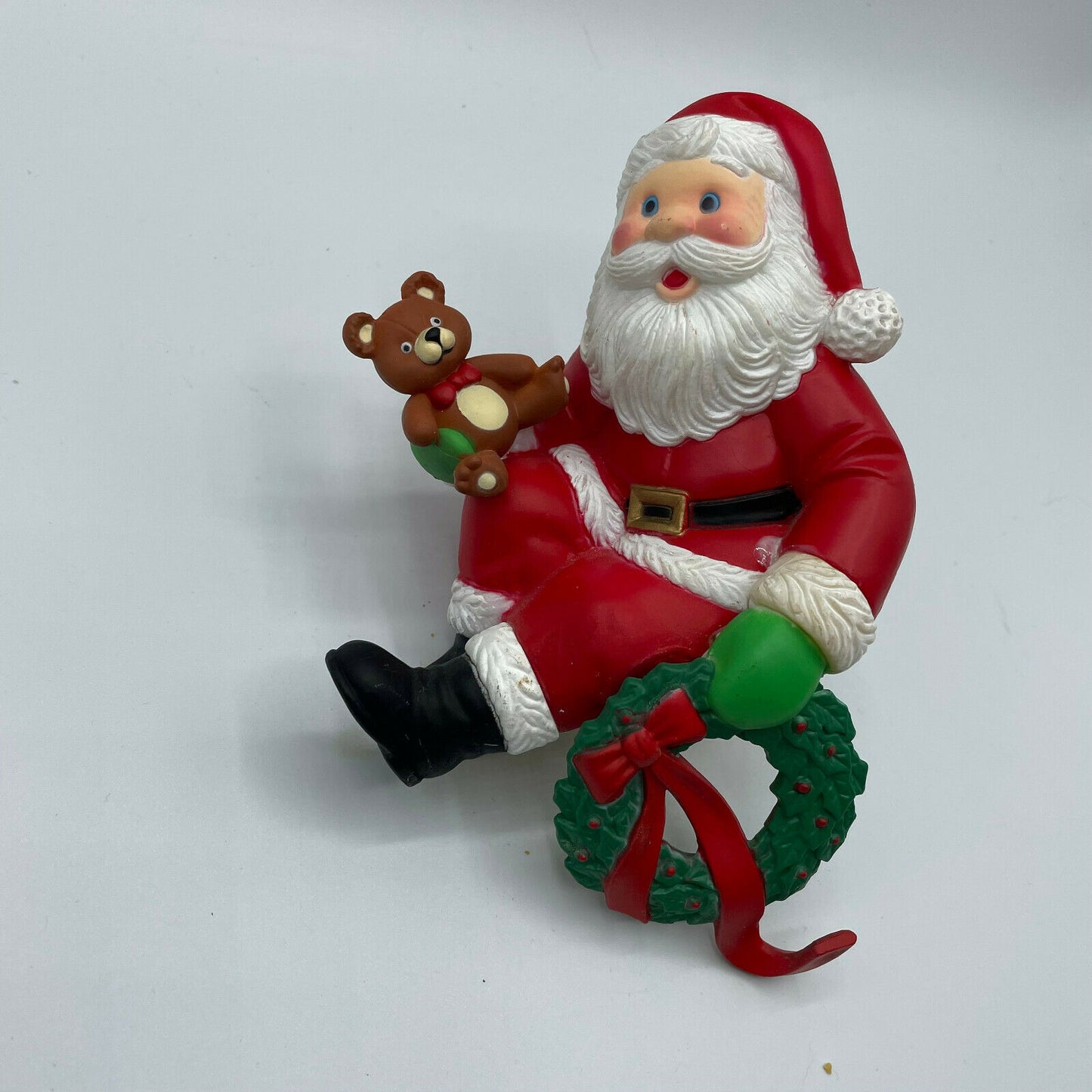 Vintage Santa Claus With Teddy Bear Christmas Stocking Hanger Hook Hard Plastic - Nostalgia 2 Now