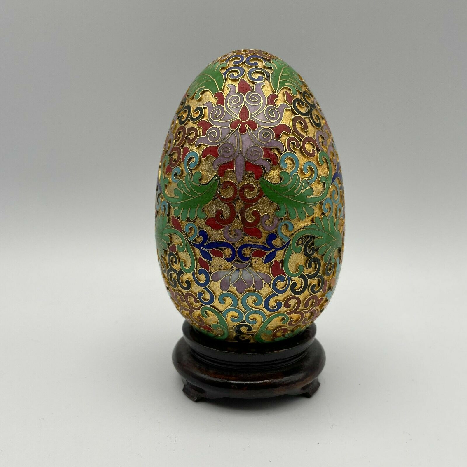 Vintage Chinese Cloisonne Egg With Wood Base - 5" - Nostalgia 2 Now