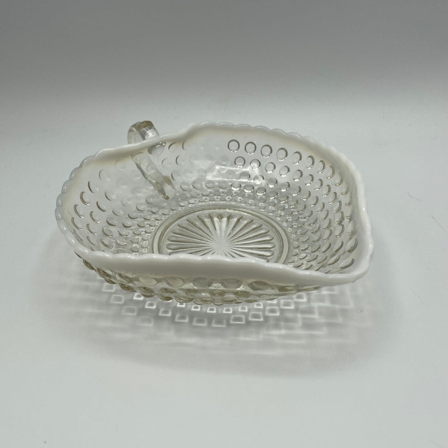 Vintage Anchor Hocking Moonstone Opalescent Hobnail Heart Dish With Handle