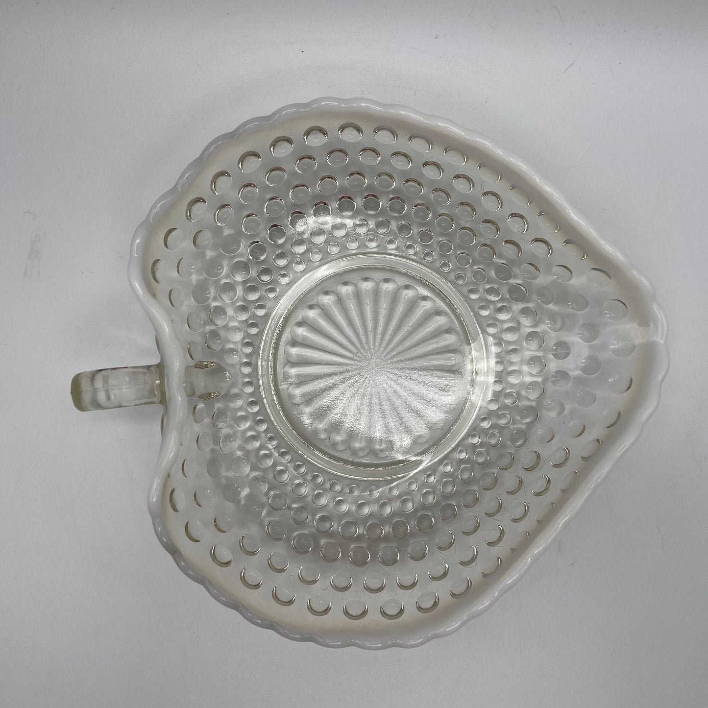 Vintage Anchor Hocking Moonstone Opalescent Hobnail Heart Dish With Handle