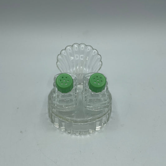 Art Deco Fan Tail Salt & Pepper Set with Carrier, Green Tops