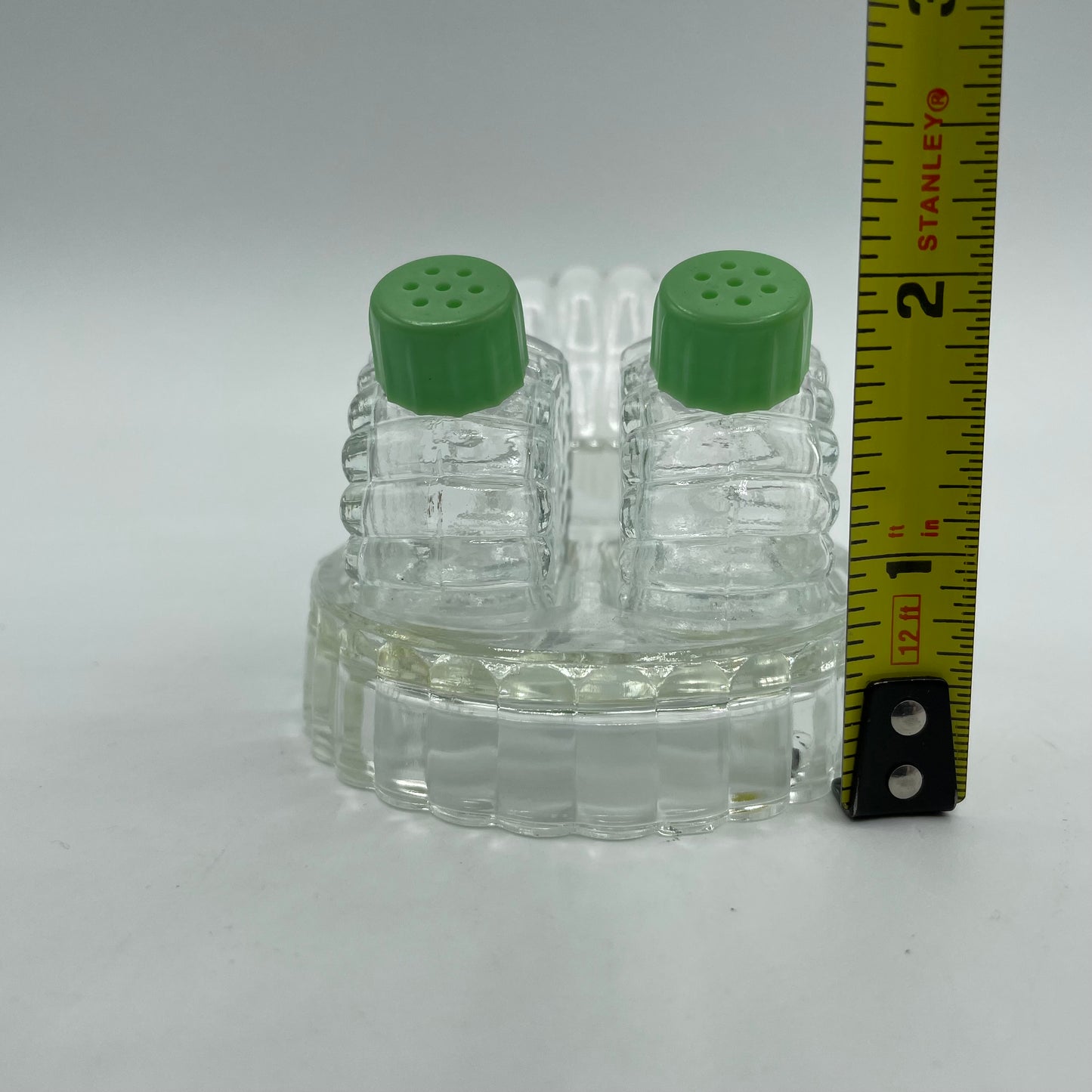 Art Deco Fan Tail Salt & Pepper Set with Carrier, Green Tops