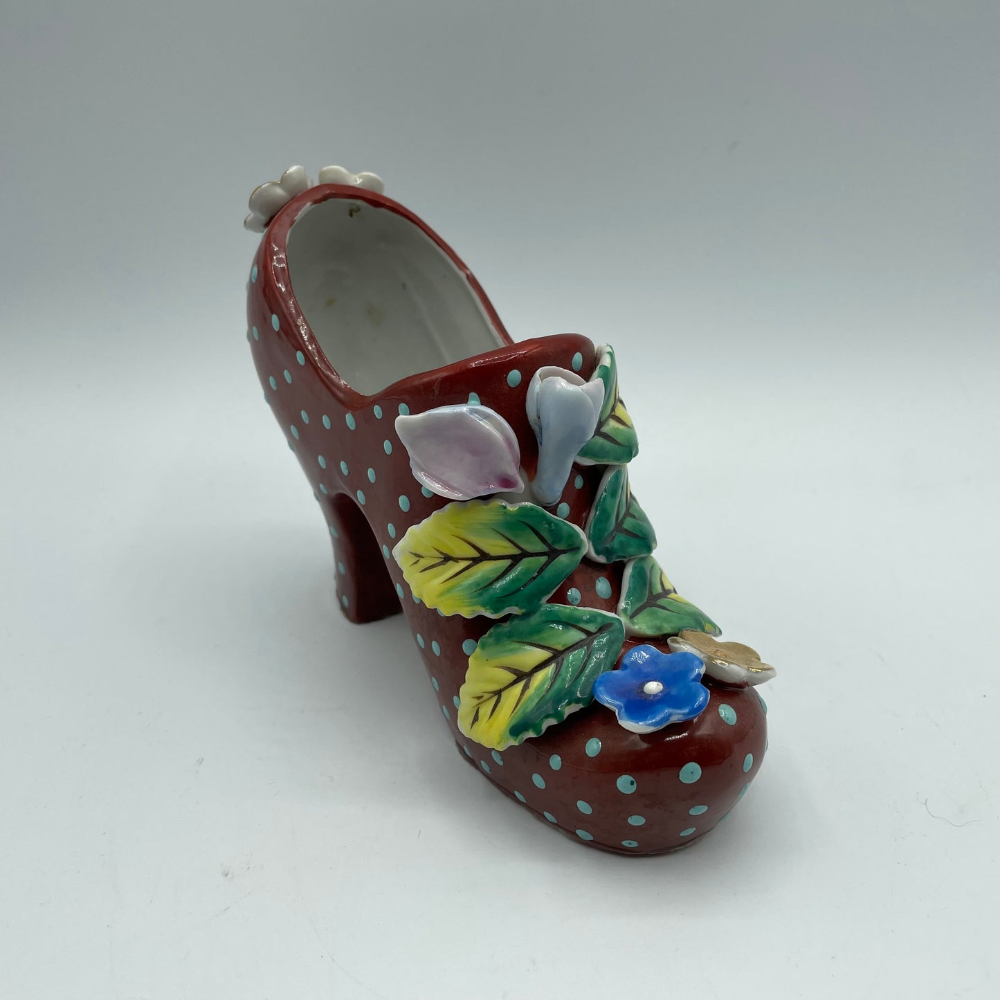 Vintage Ceramic High Heel Shoe Figurine Reddish Brown Blue Polka Dots & Flowers