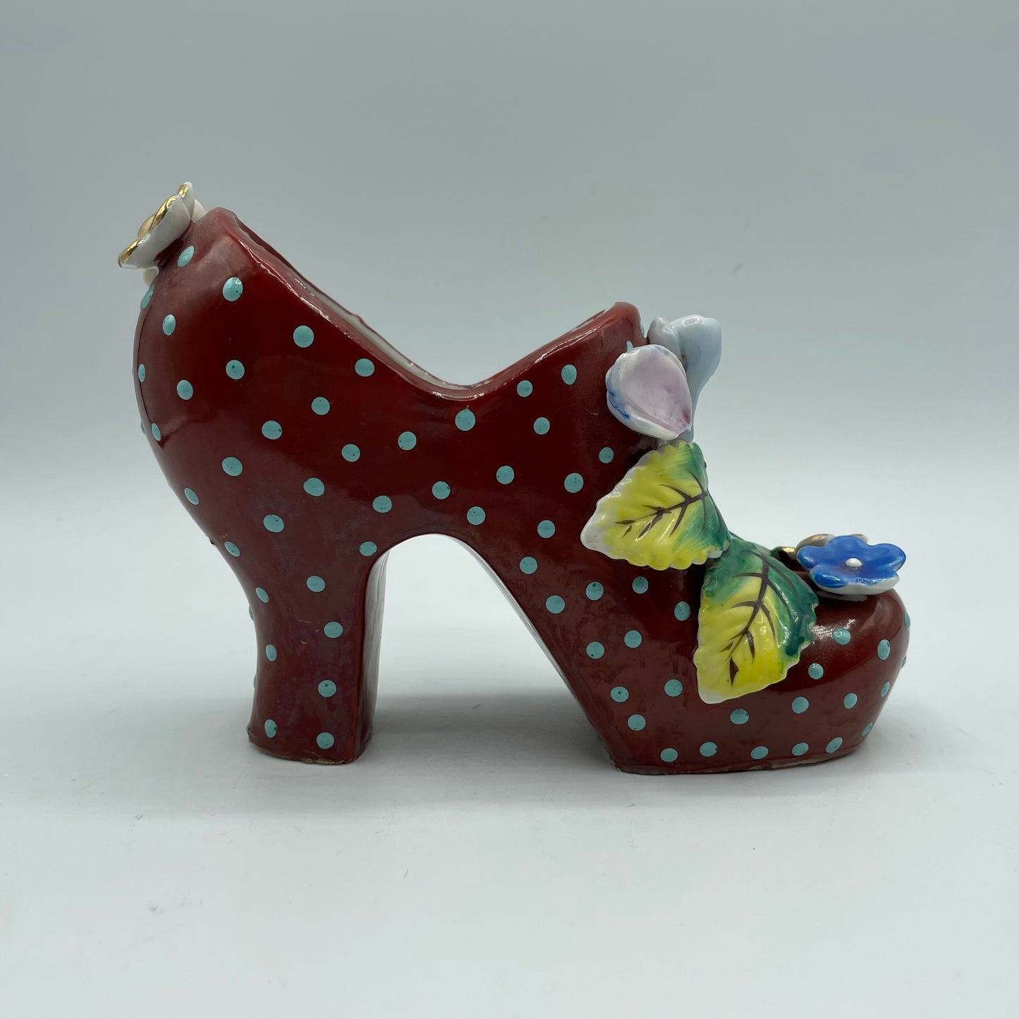 Vintage Ceramic High Heel Shoe Figurine Reddish Brown Blue Polka Dots & Flowers