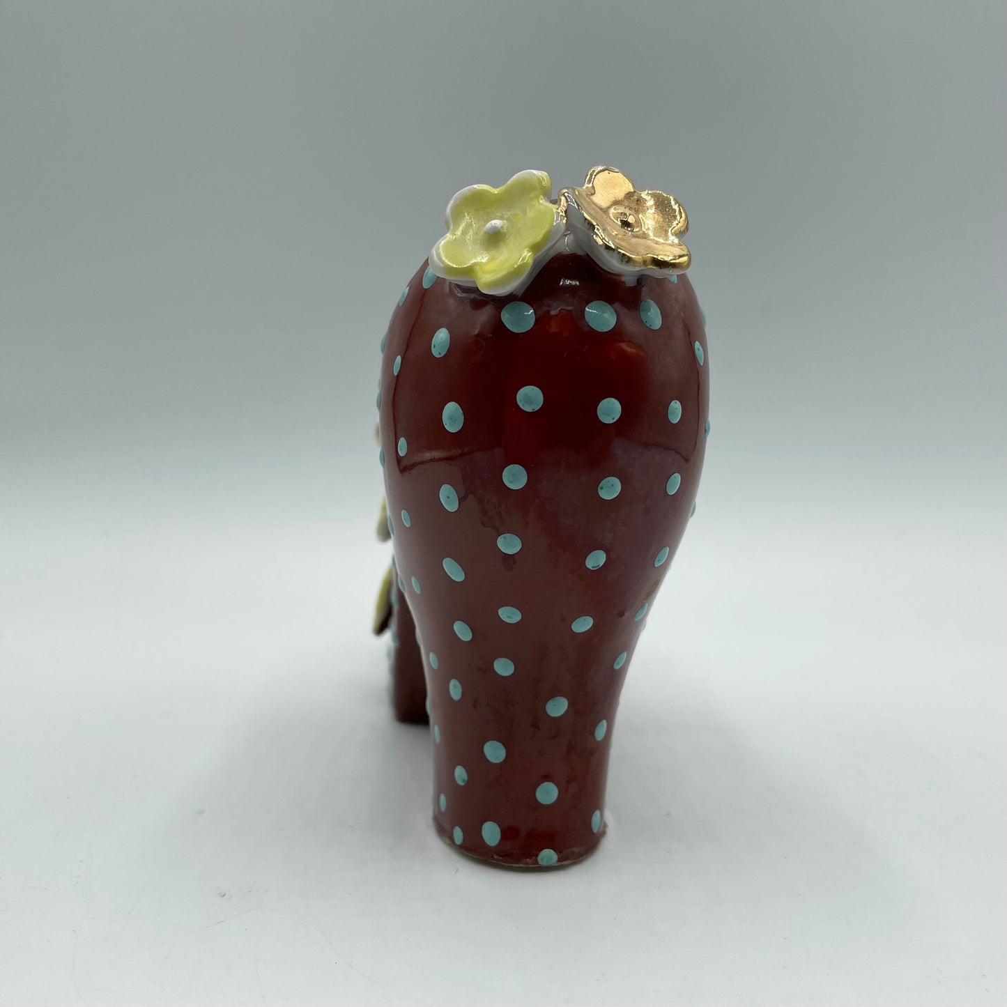 Vintage Ceramic High Heel Shoe Figurine Reddish Brown Blue Polka Dots & Flowers