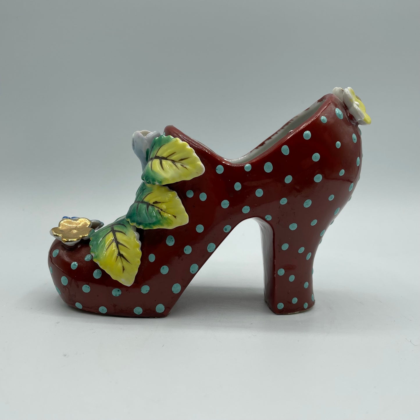 Vintage Ceramic High Heel Shoe Figurine Reddish Brown Blue Polka Dots & Flowers