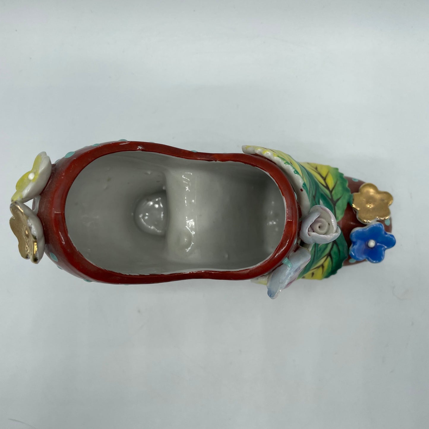 Vintage Ceramic High Heel Shoe Figurine Reddish Brown Blue Polka Dots & Flowers