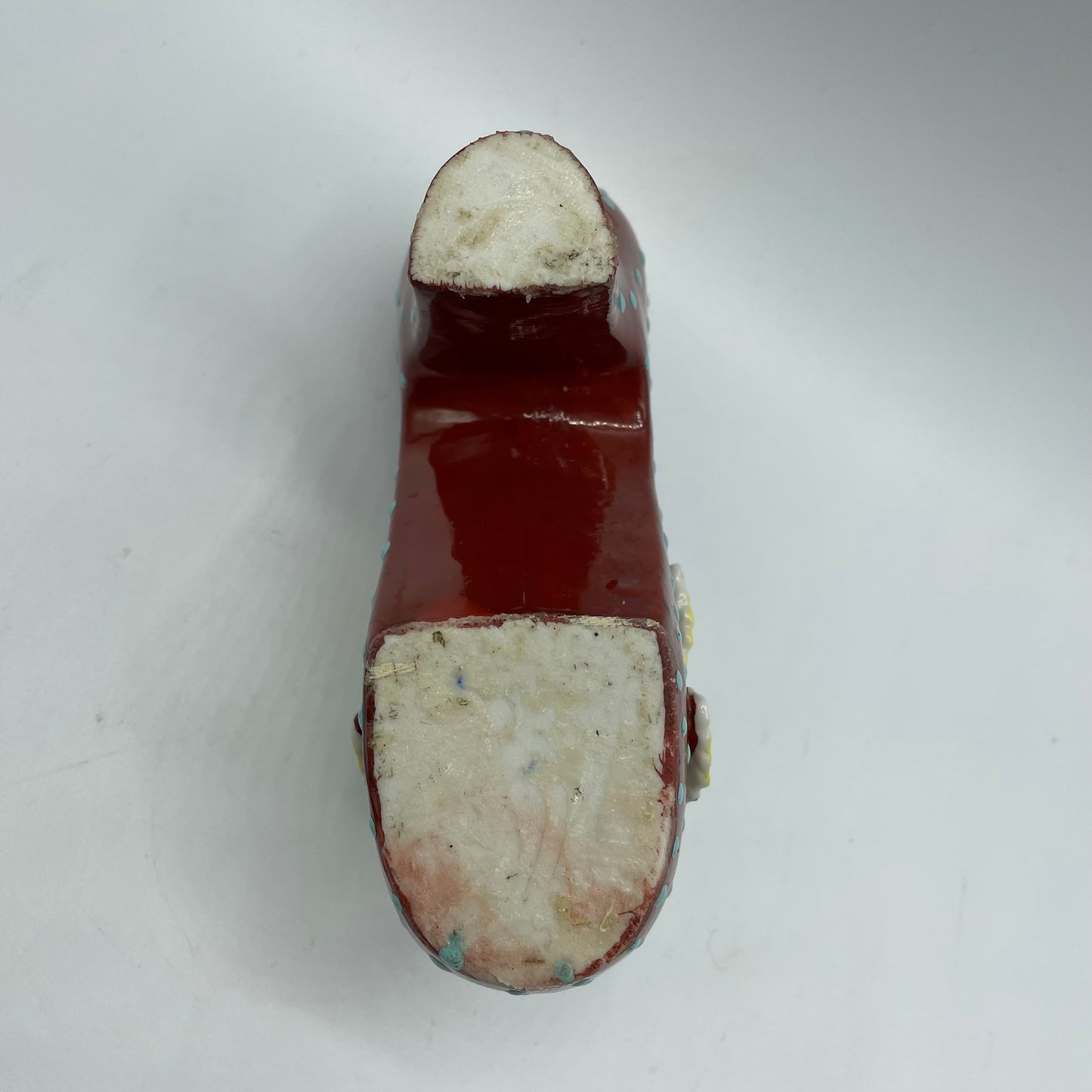 Vintage Ceramic High Heel Shoe Figurine Reddish Brown Blue Polka Dots & Flowers