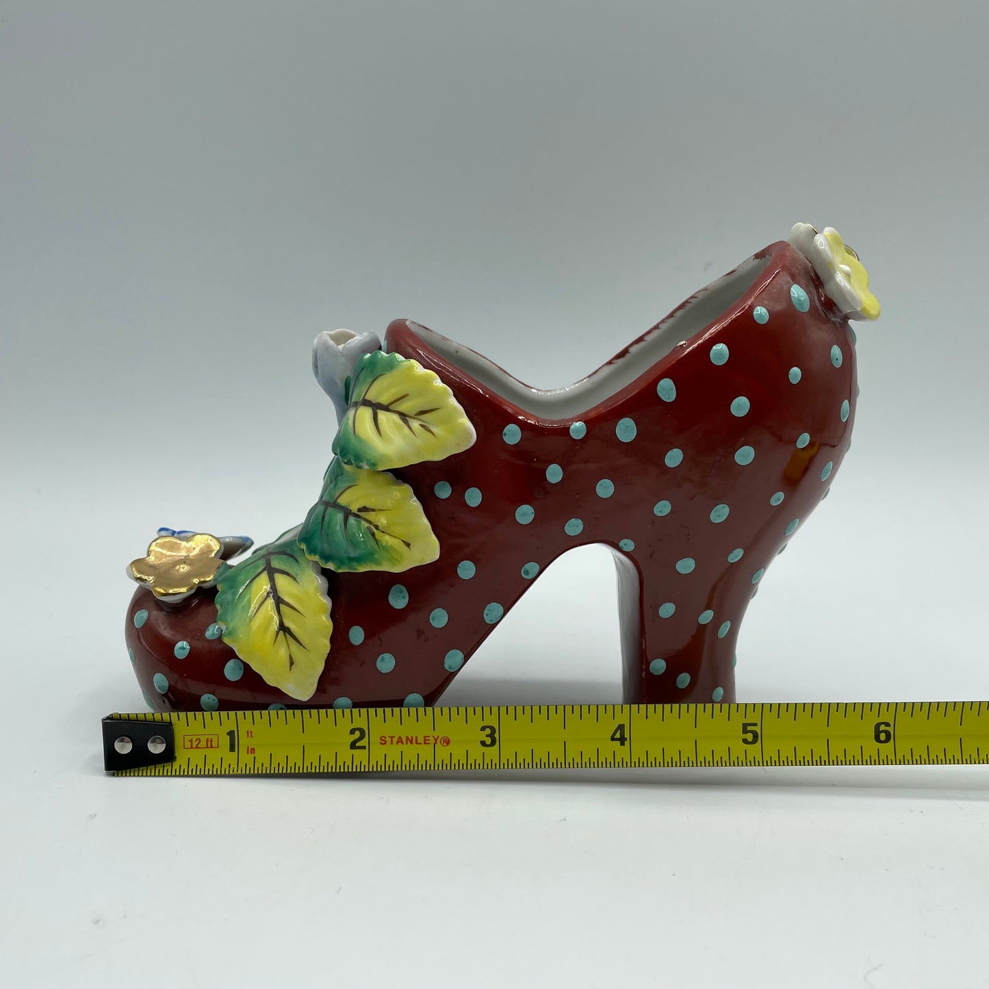 Vintage Ceramic High Heel Shoe Figurine Reddish Brown Blue Polka Dots & Flowers