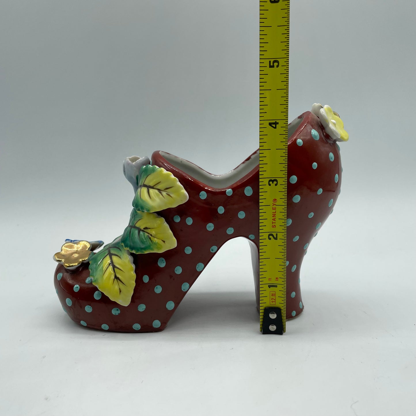 Vintage Ceramic High Heel Shoe Figurine Reddish Brown Blue Polka Dots & Flowers