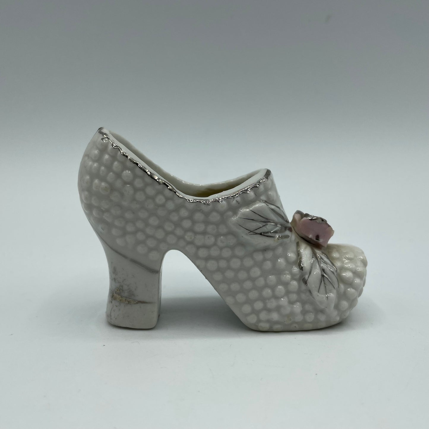 Vintage White High Heel Porcelain Shoe Figurine Pink Rose With Silver Trim