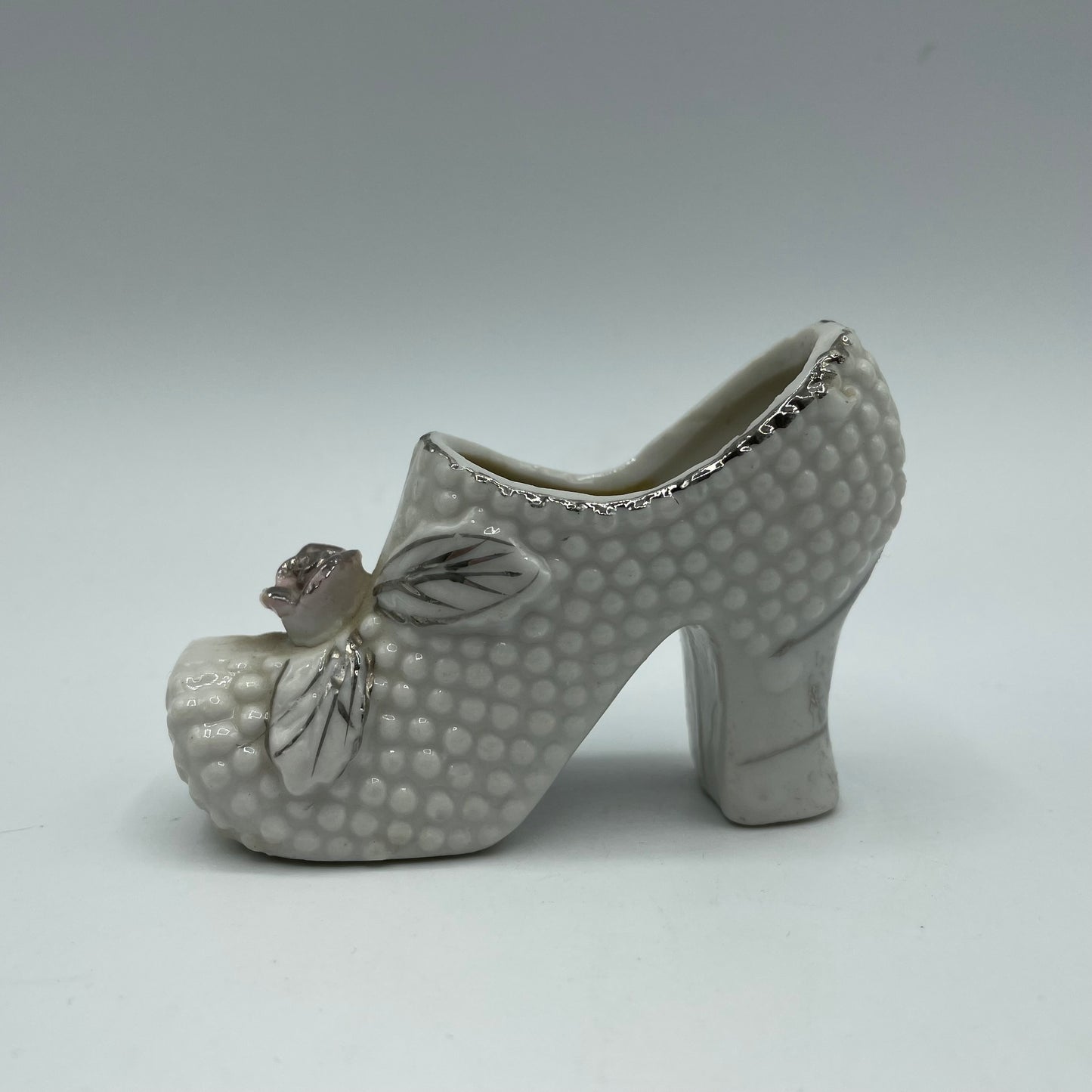 Vintage White High Heel Porcelain Shoe Figurine Pink Rose With Silver Trim