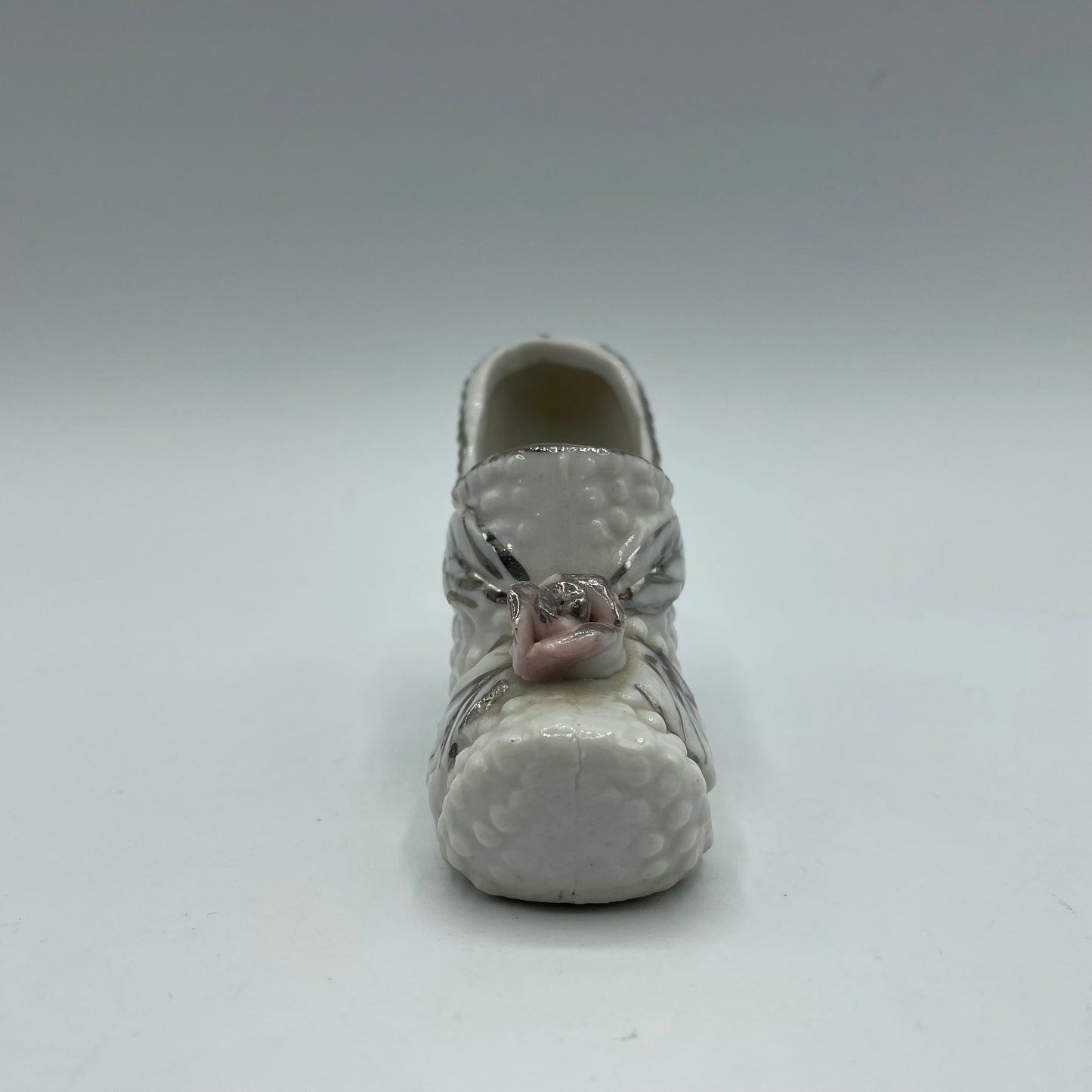 Vintage White High Heel Porcelain Shoe Figurine Pink Rose With Silver Trim