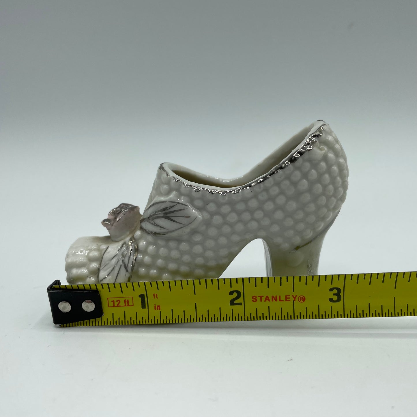 Vintage White High Heel Porcelain Shoe Figurine Pink Rose With Silver Trim