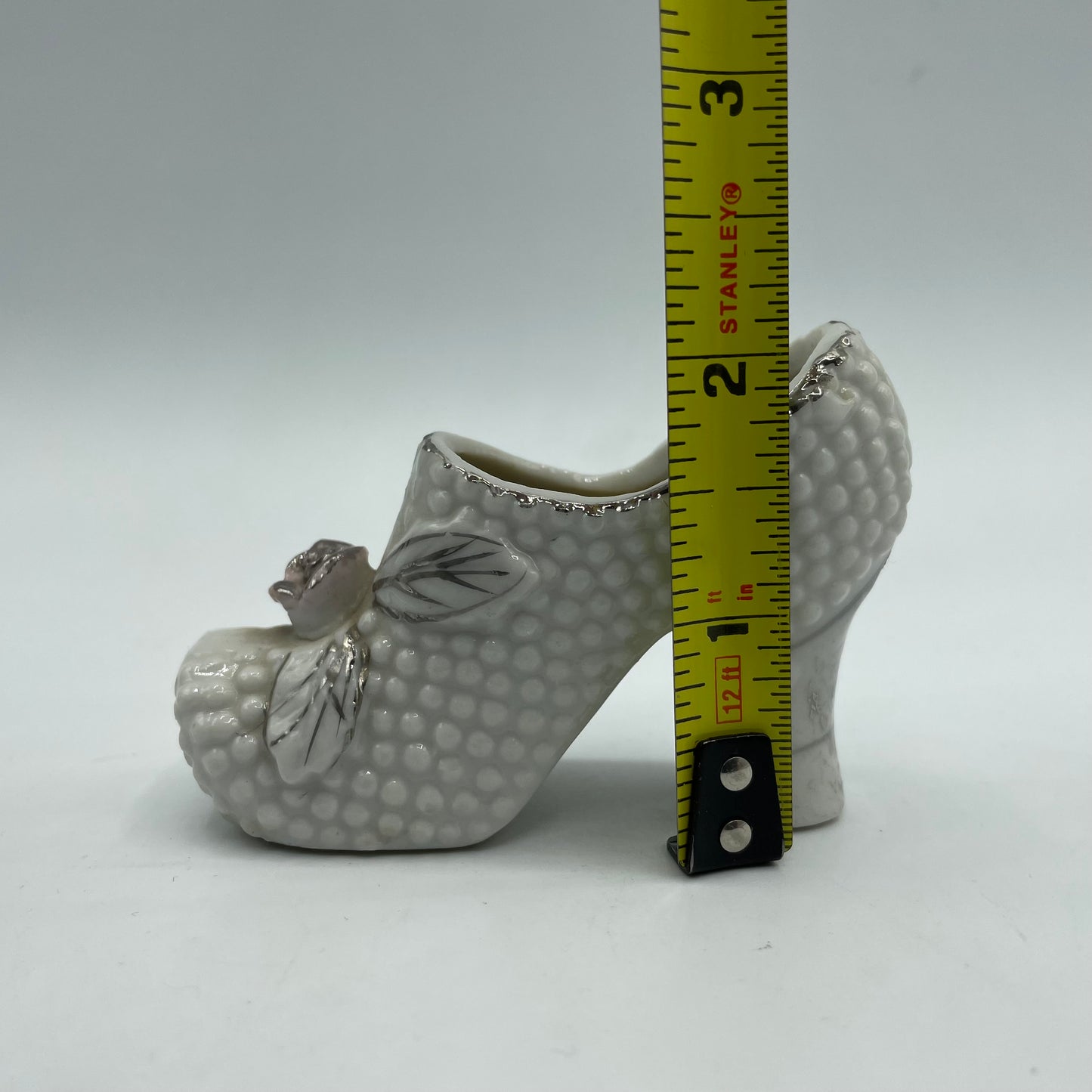 Vintage White High Heel Porcelain Shoe Figurine Pink Rose With Silver Trim
