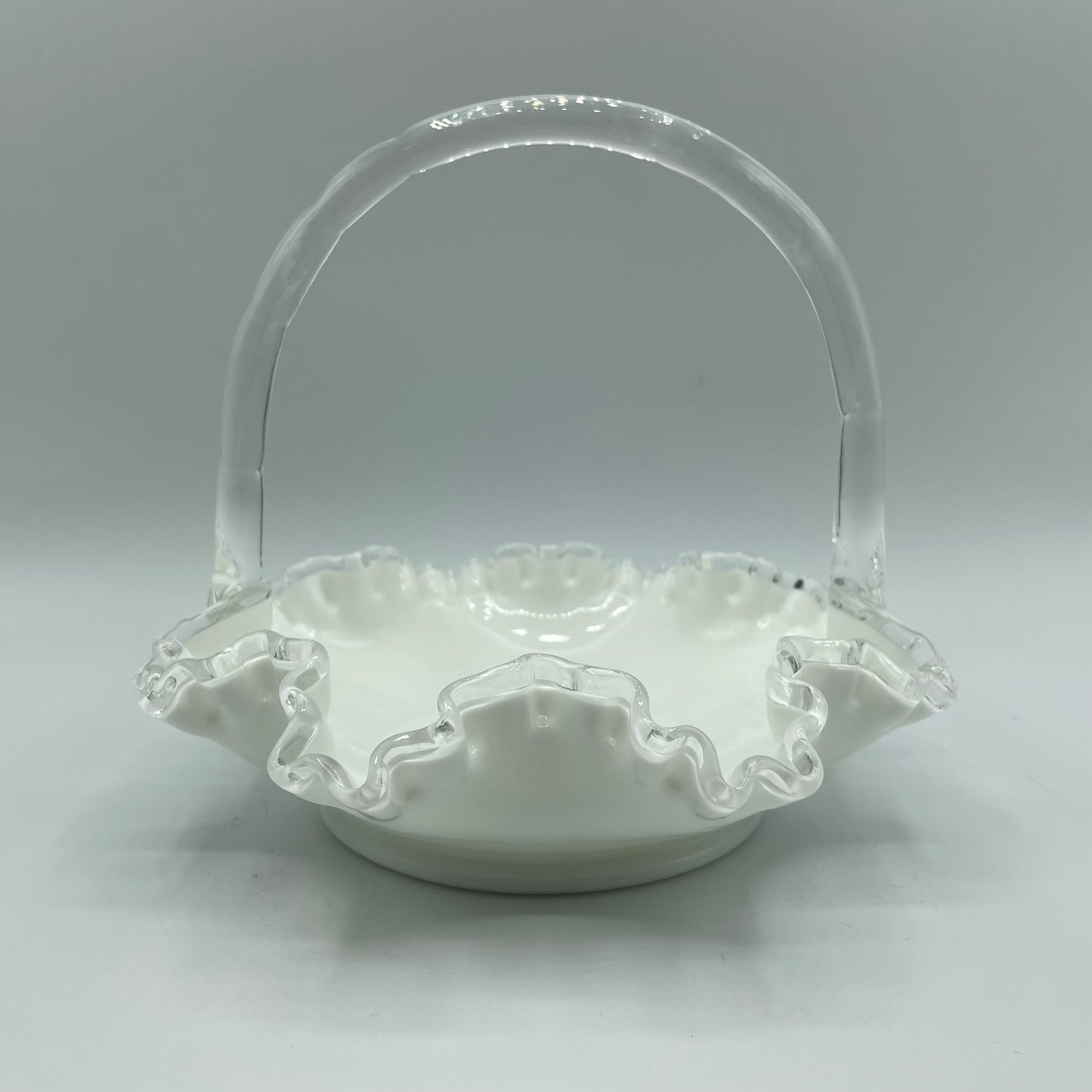 Fenton Silver Crest Ruffled Rim Basket w/Handle White Milk Glass