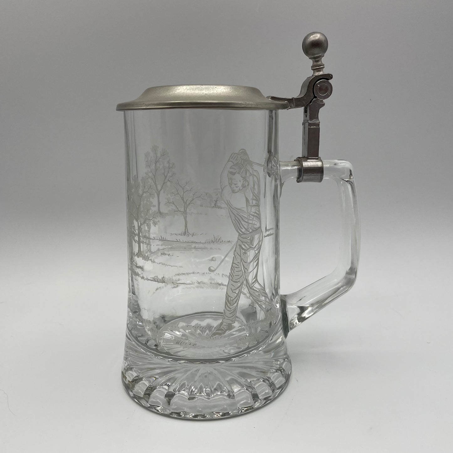 Vintage ALWE Crystal Beer Stein Etched Golf Theme Zinn Pewter Lid 16oz