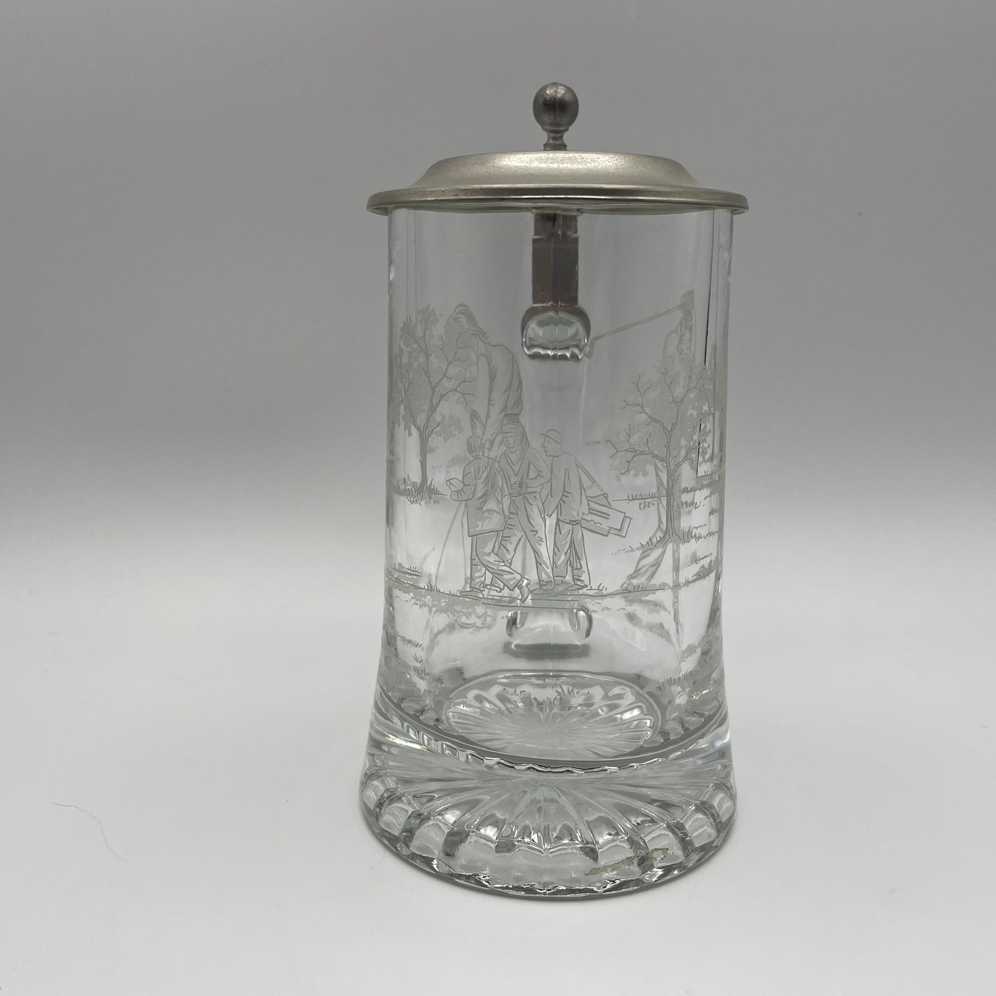 Vintage ALWE Crystal Beer Stein Etched Golf Theme Zinn Pewter Lid 16oz