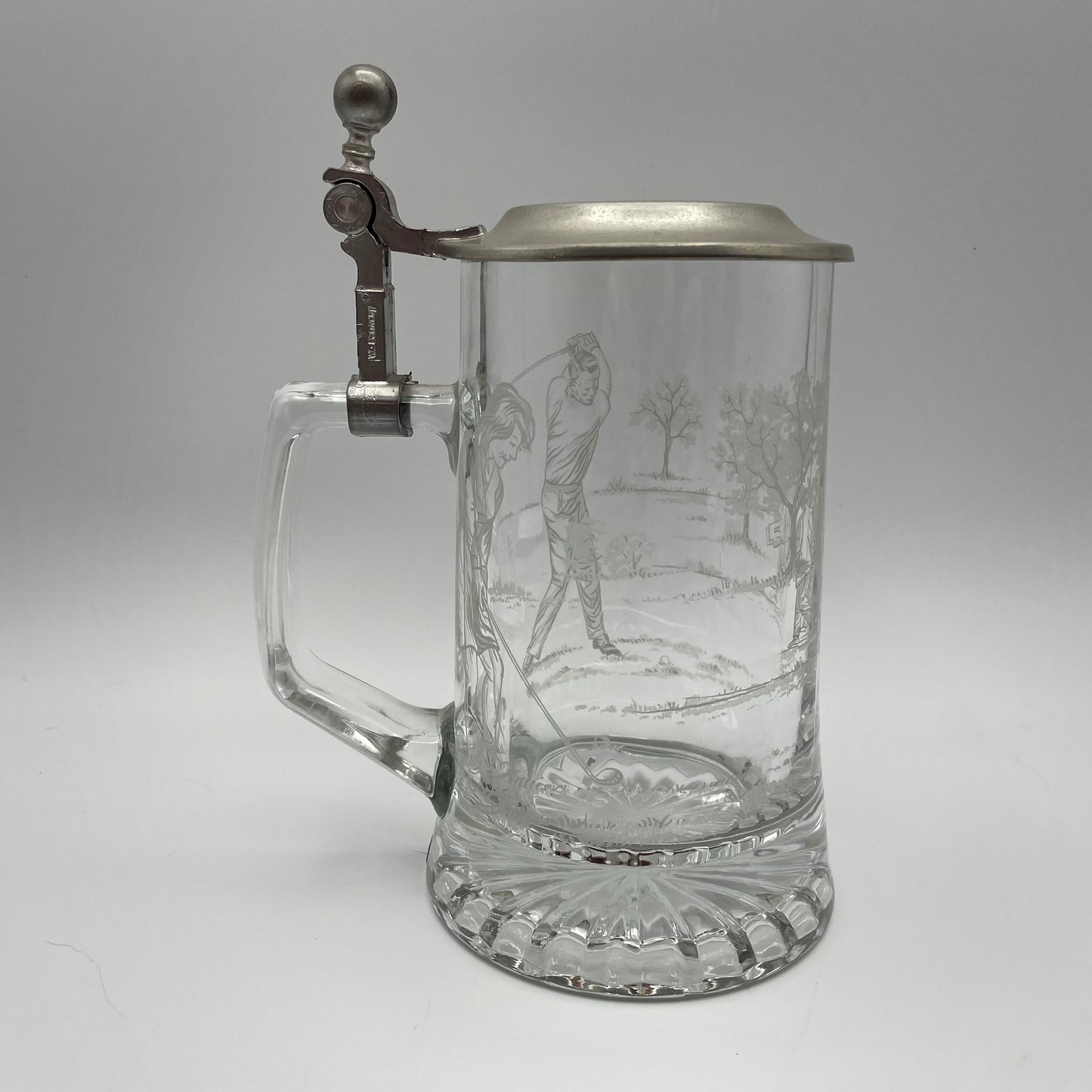 Vintage ALWE Crystal Beer Stein Etched Golf Theme Zinn Pewter Lid 16oz