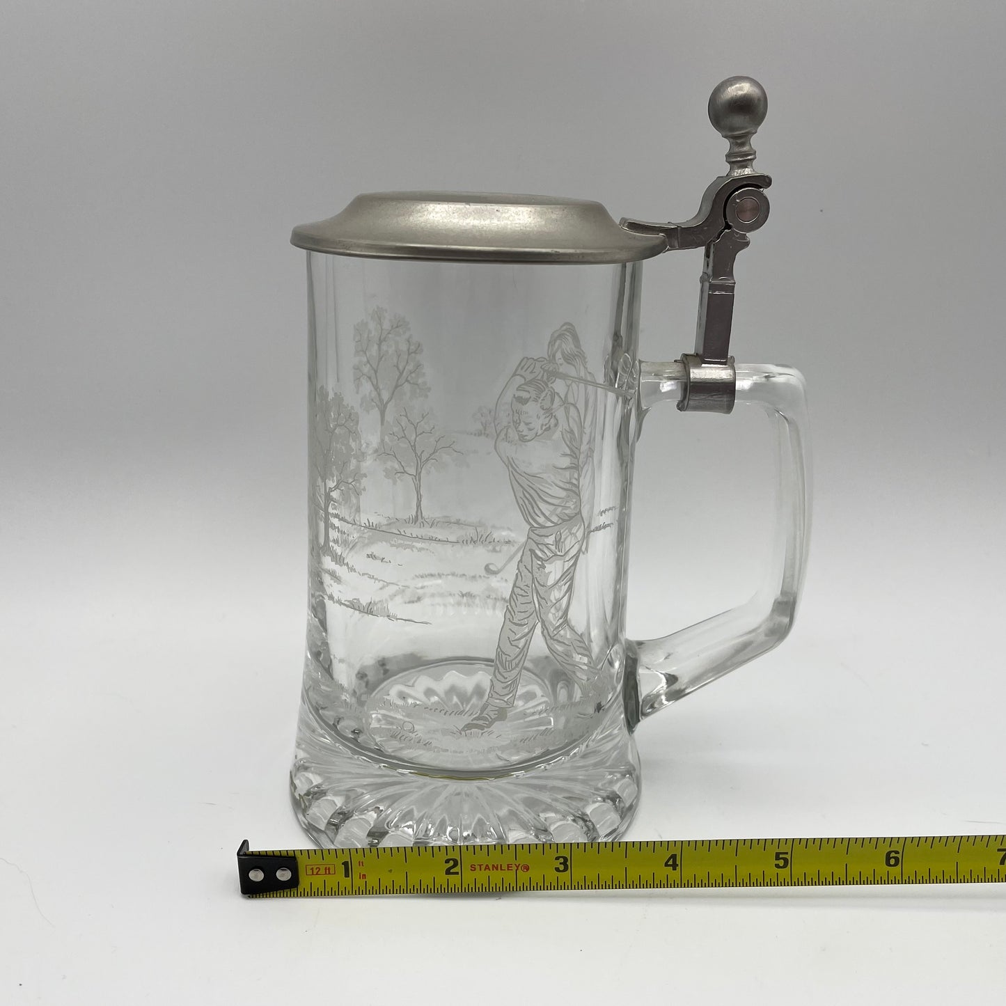 Vintage ALWE Crystal Beer Stein Etched Golf Theme Zinn Pewter Lid 16oz