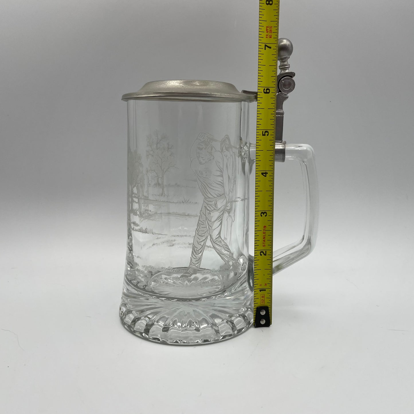 Vintage ALWE Crystal Beer Stein Etched Golf Theme Zinn Pewter Lid 16oz