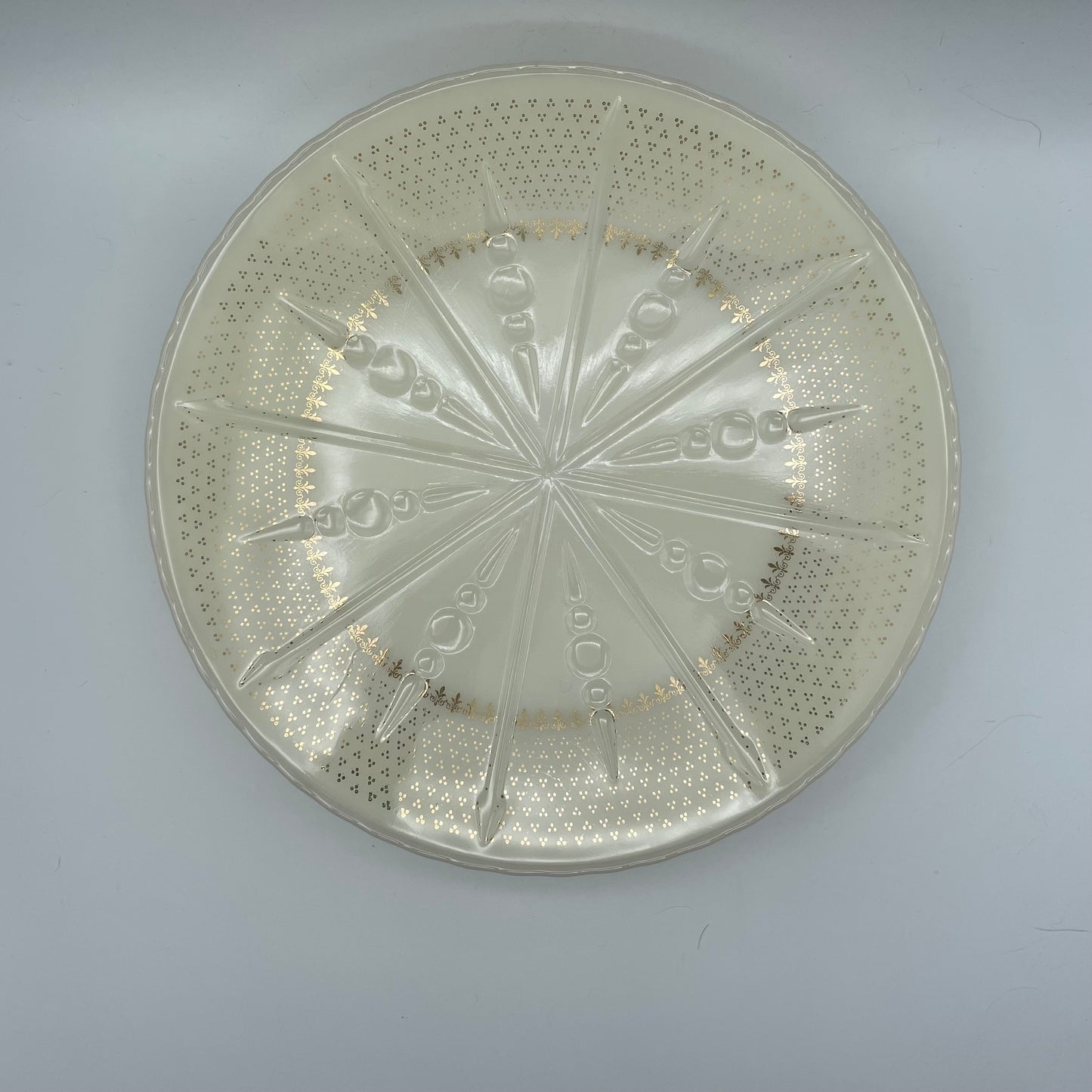 Vintage Anchor Hocking Milk Glass Cake Stand Gold Fleur De Lis Design