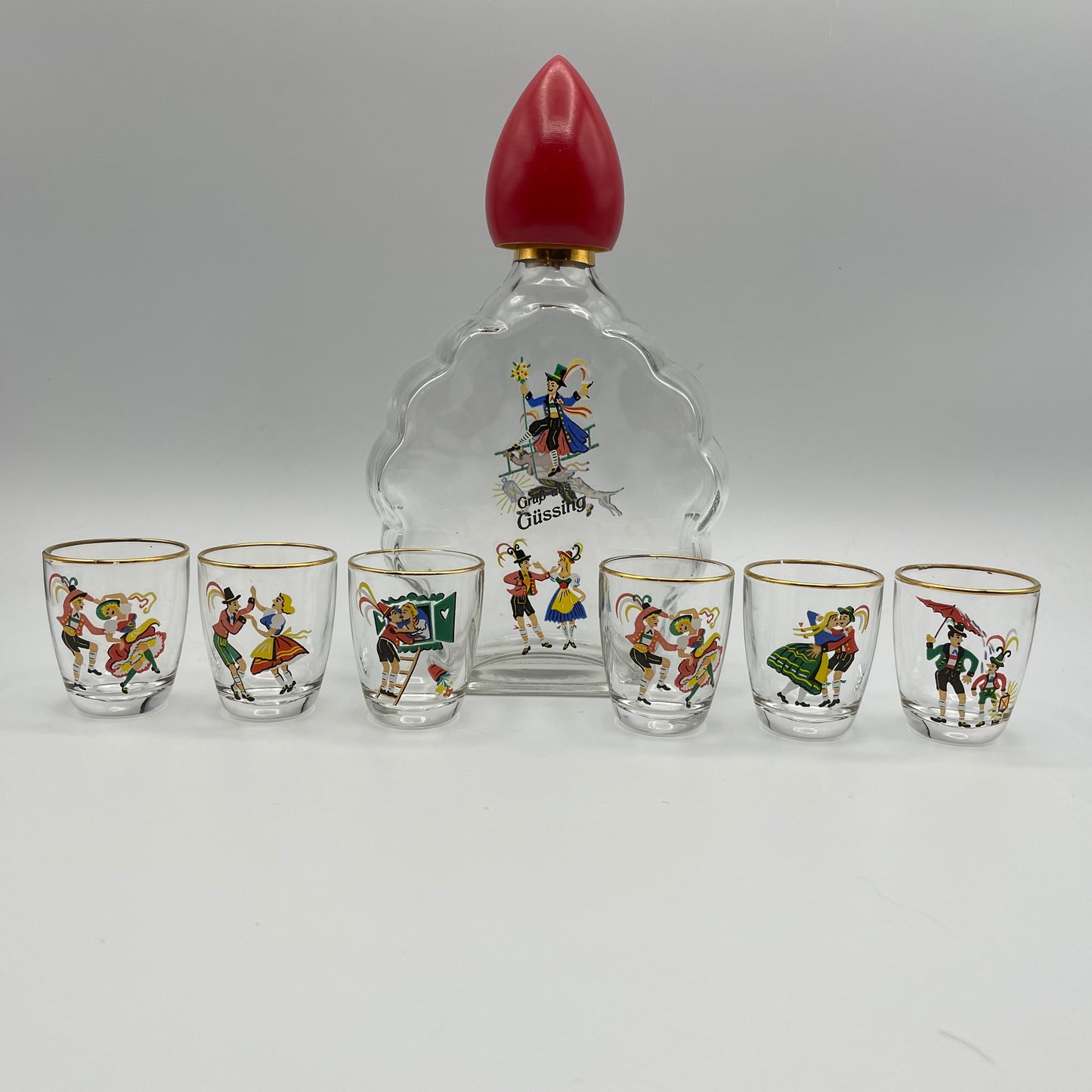 Vintage Liquor Bottle and Shot glasses, "Grub aus Gussing"